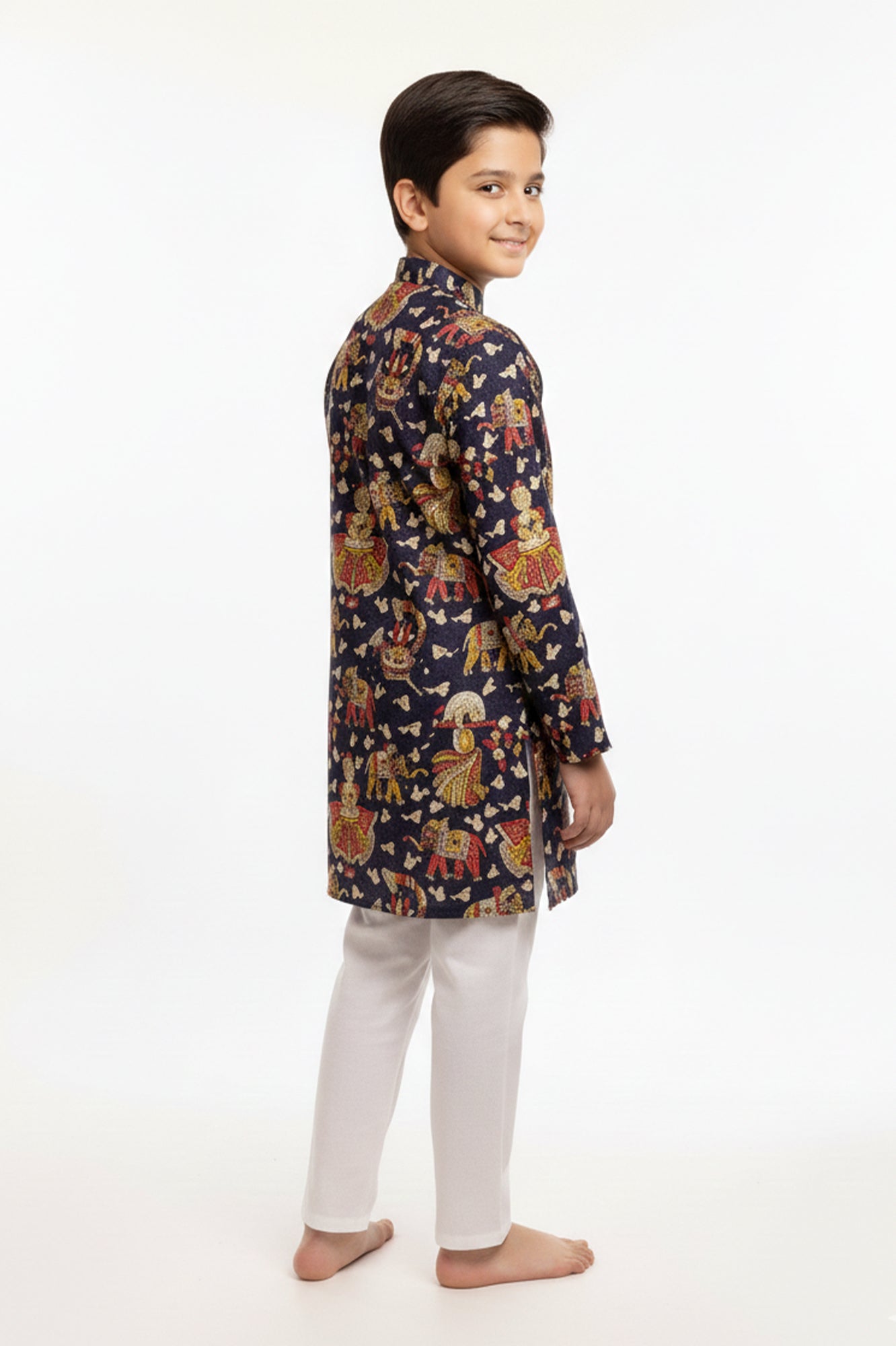 Boys' Cotton Print Kurta with White Pajama Set | Ethnic Wear for Festivals, Weddings & Parties