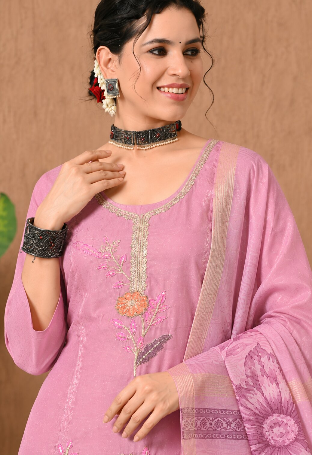 Pink Chanderi Silk Embroidered Straight Suit Set with Organza Dupatta