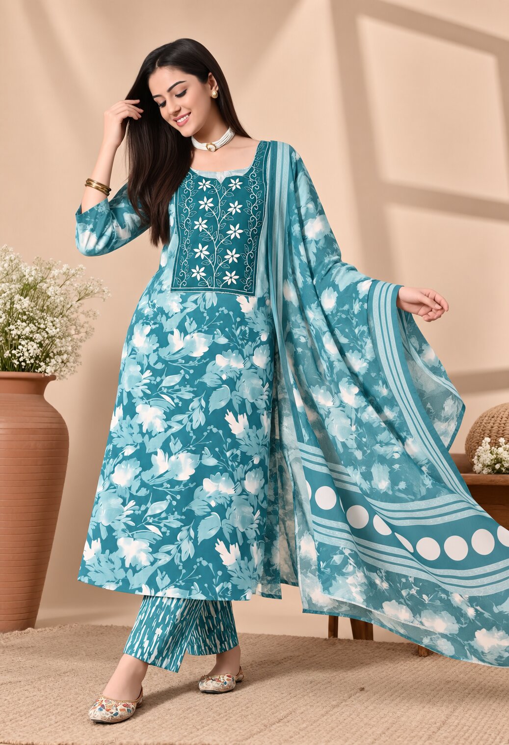 Teal Blue Cotton Printed Suit Set with Cotton Dupatta