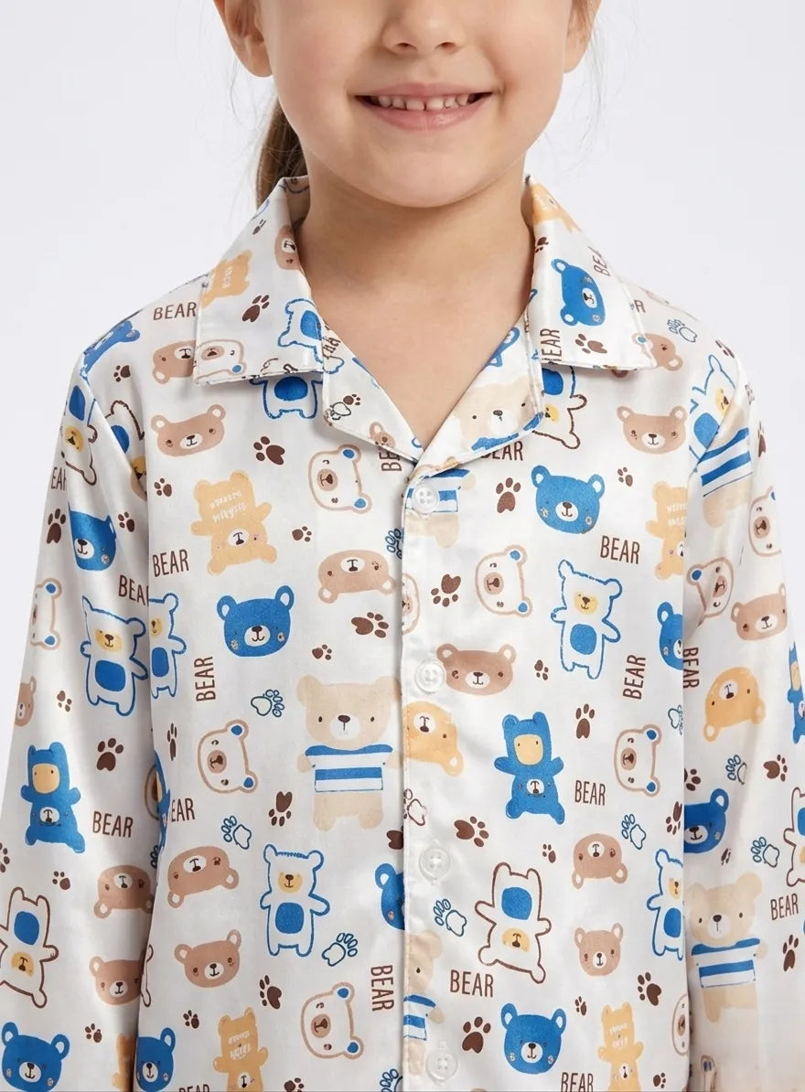 Girls Bear Print Luxury Satin Night Suit – Full Sleeve Shirt & Pajama Sleepwear Set