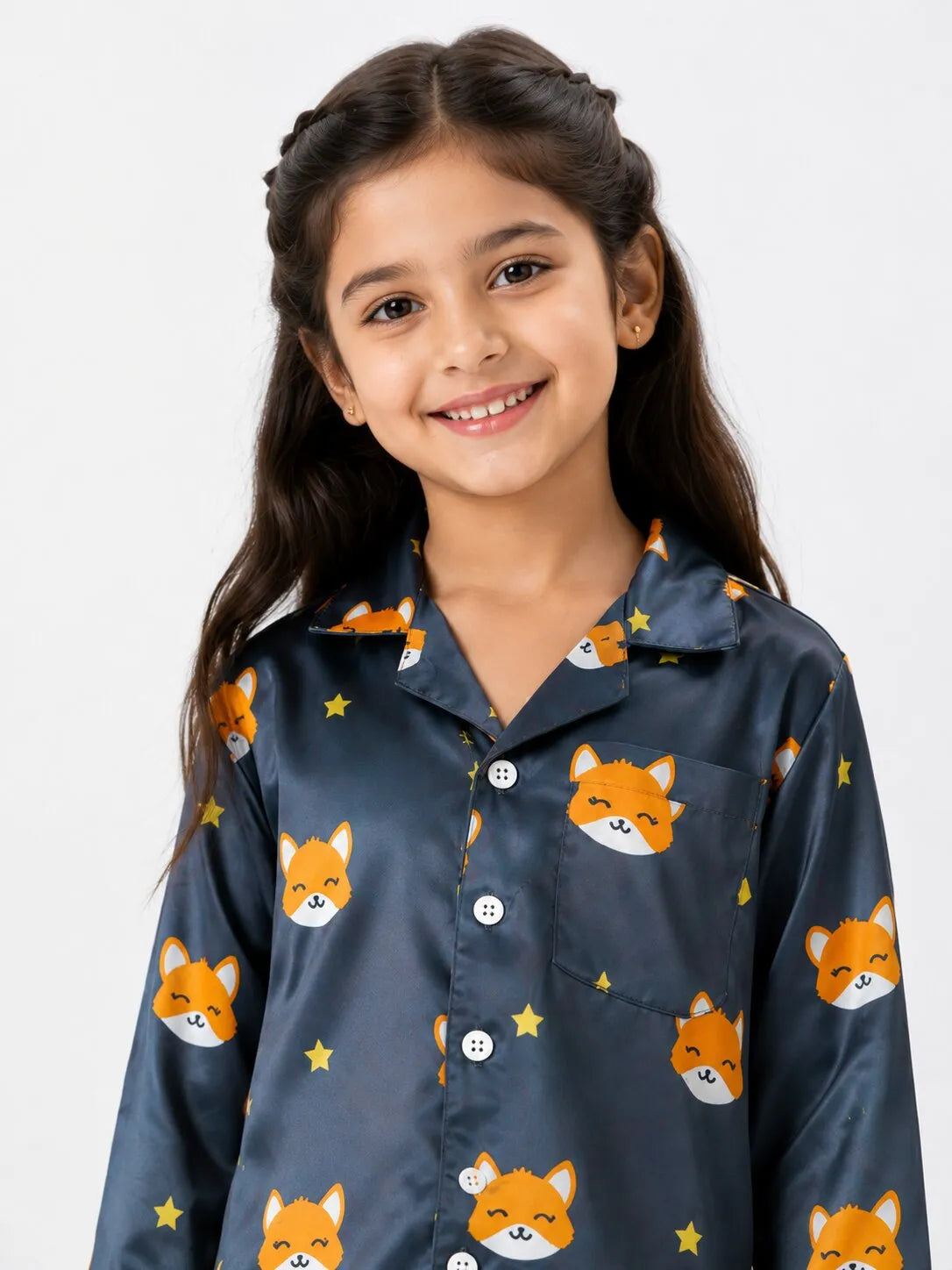 Kids Navy Blue Fox Print Satin Pajama Set