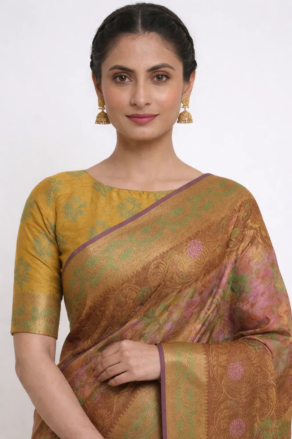 Women Mustard & Olive Green Floral Printed Silk Blend Saree with Tassels