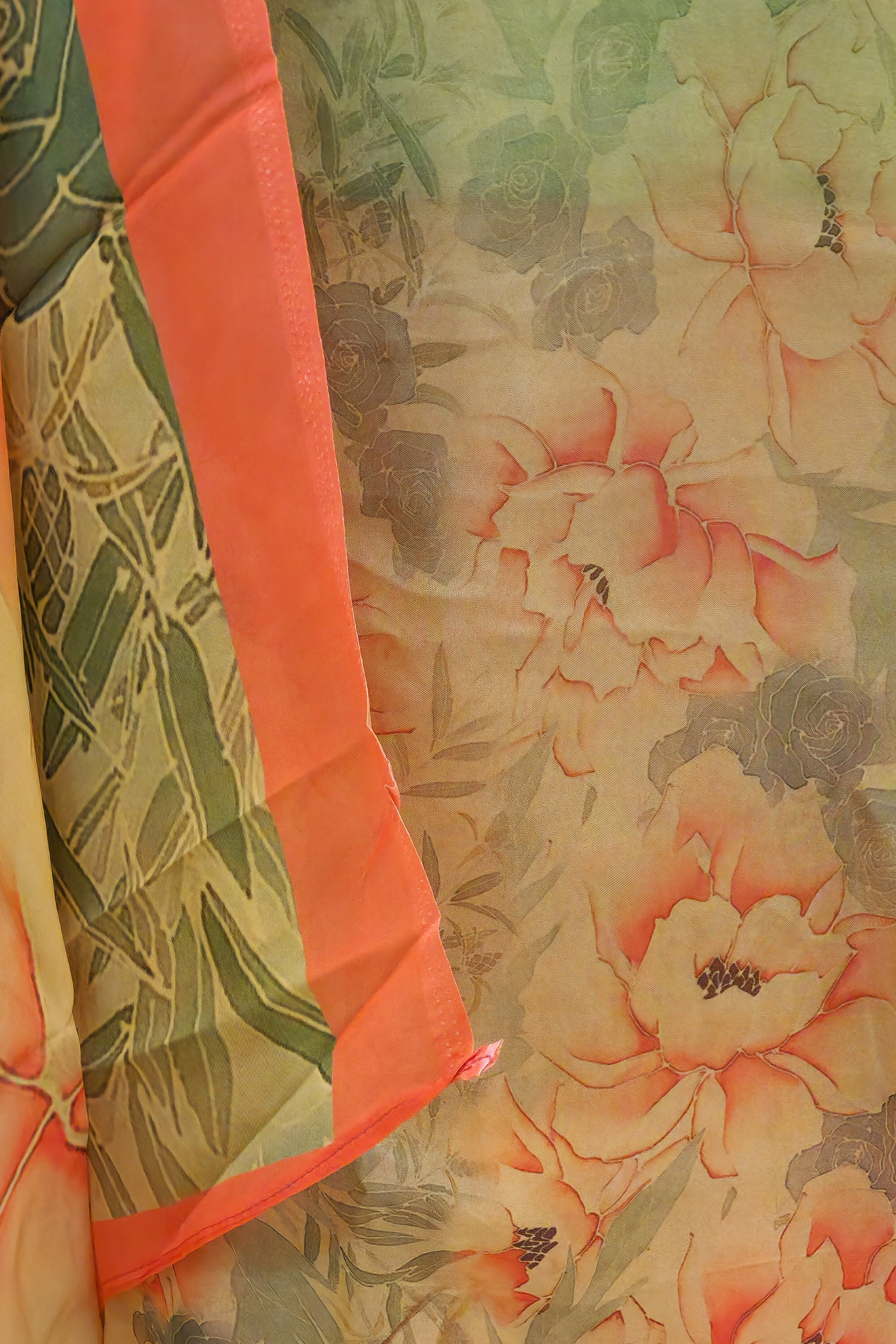 Women Sage Green & Peach Floral Printed  Organza Unstitched Dress Material with Embroidered Neckline