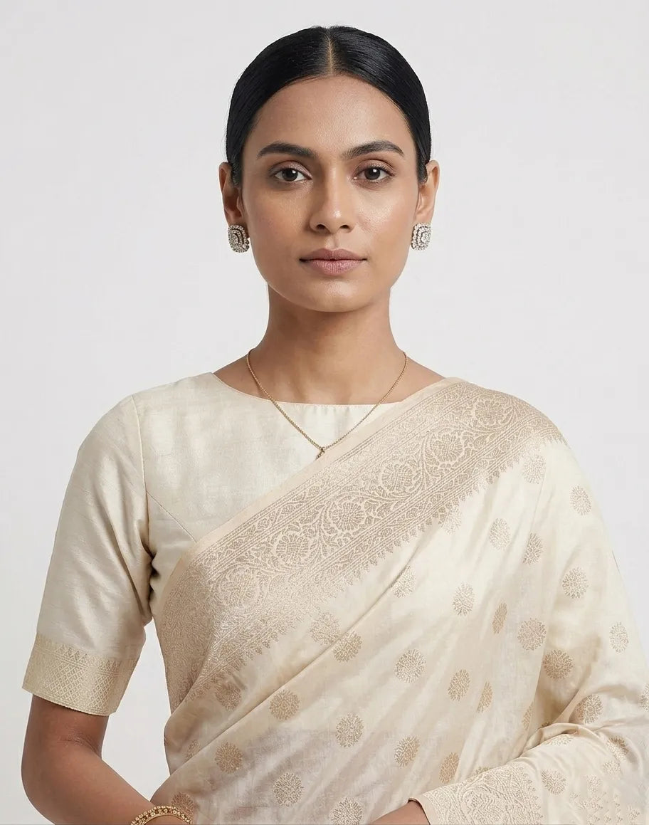 Elegant Off-White & Gold-Toned Banarasi Silk Blend Woven Design Saree