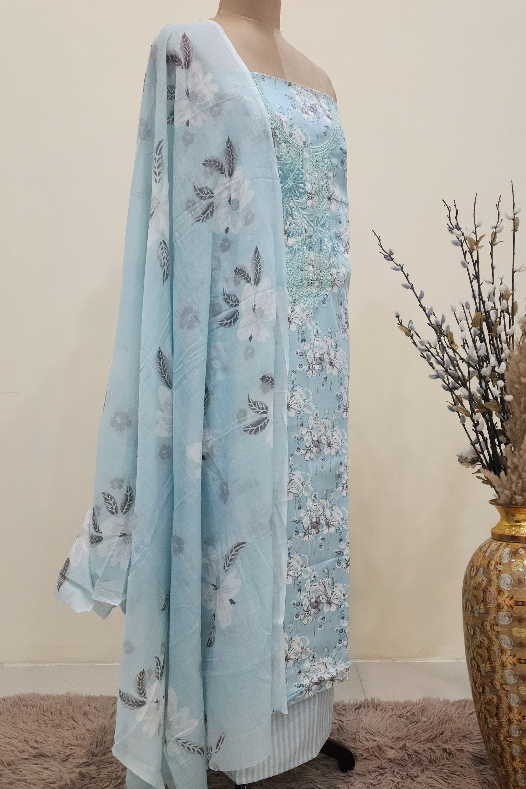 Women's Pure Cotton Sky Blue Floral Print Unstitched Suit
