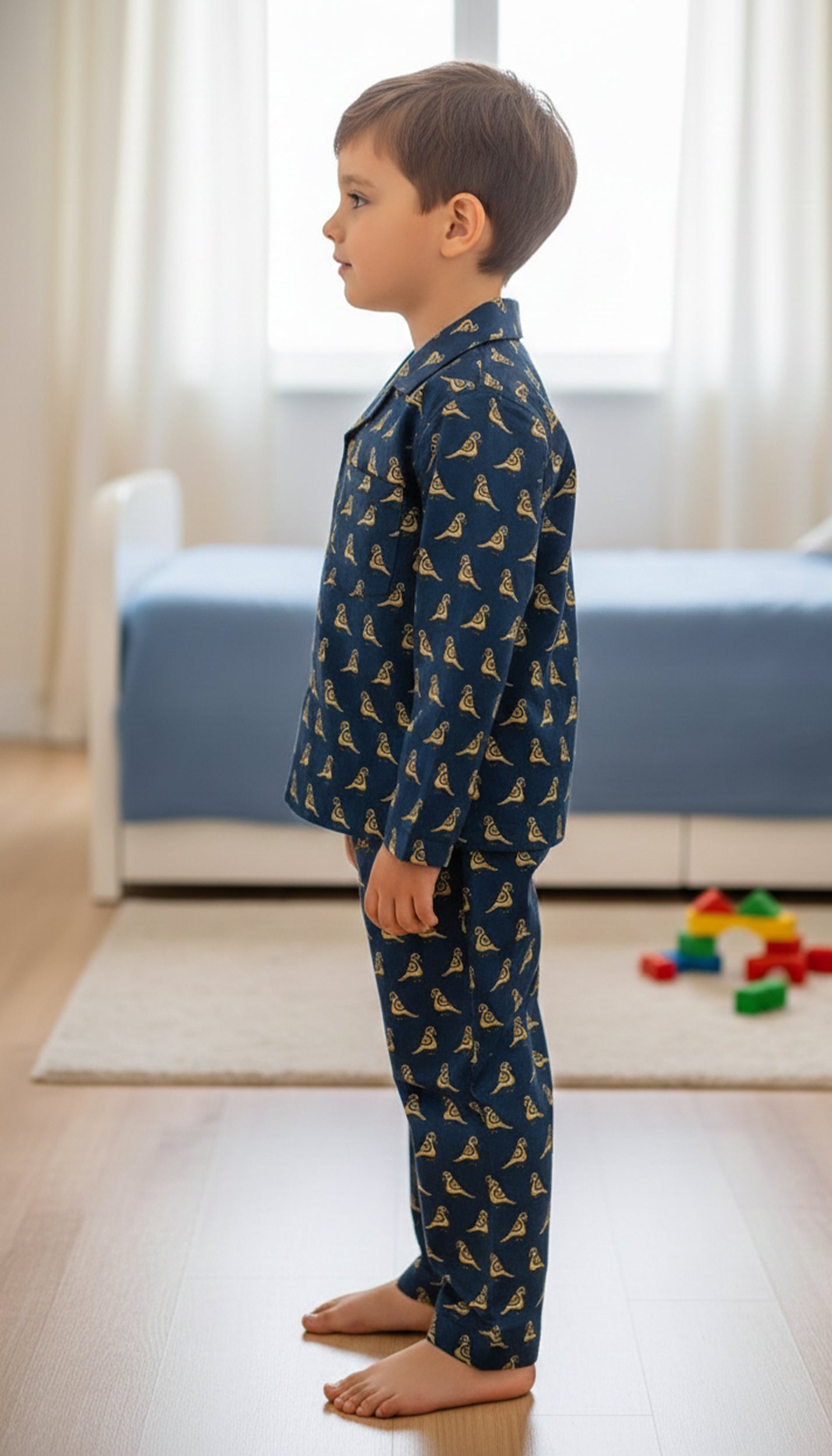 Boys Navy Blue & Bird Print Pure Cotton Night Suit