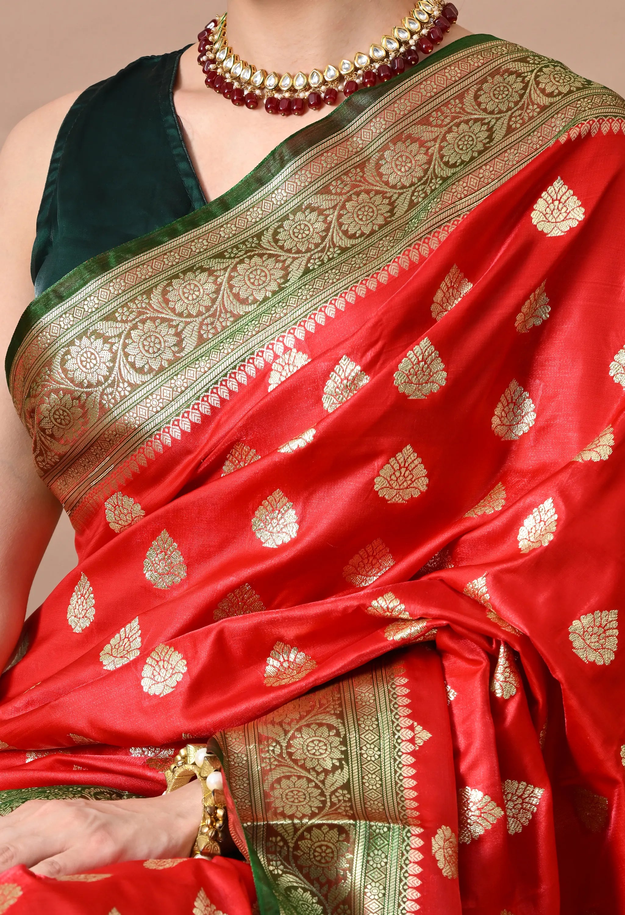Red & Green Woven Design Banarasi Silk-Blend Saree with Zari Border
