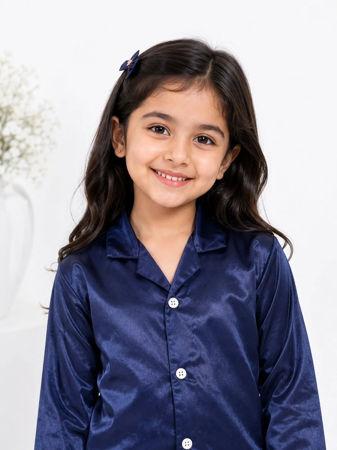 Girls Navy Blue Luxury Satin Night Suit Set – Smooth Full-Sleeve Shirt & Relaxed Pyjamas