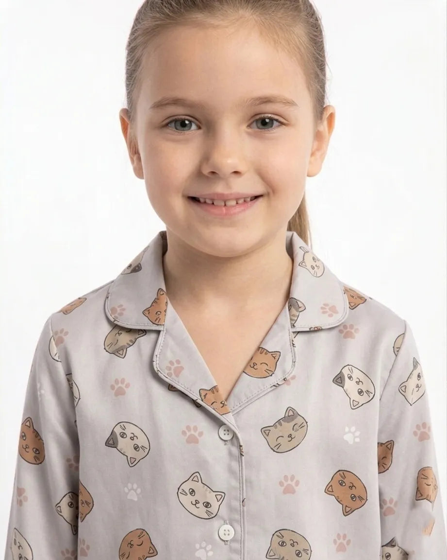 Girls Grey & Orange Cat Printed Satin Night Suit