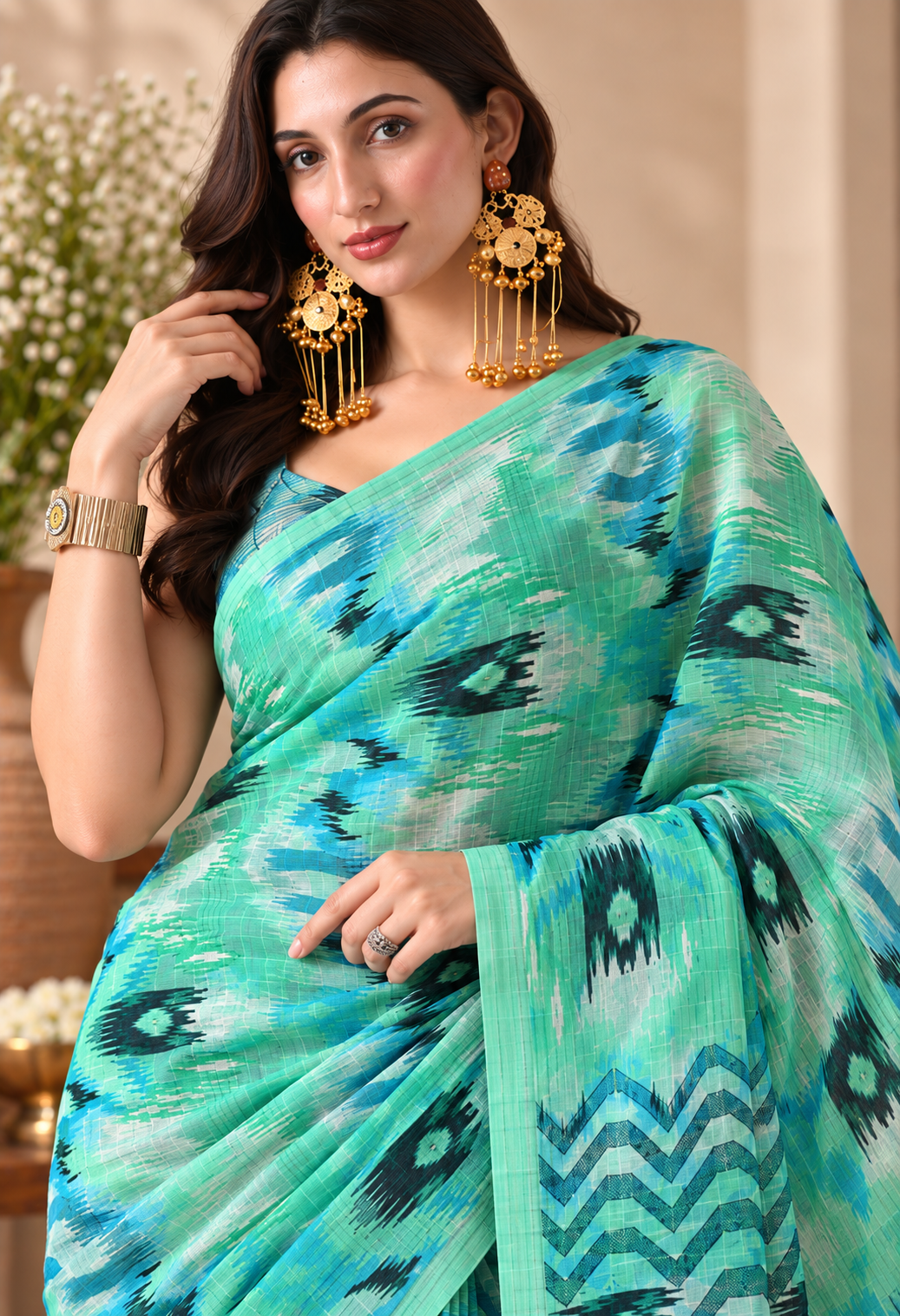 Aqua Green Printed Saree with Peacock-Inspired Motifs & Designer Pallu
