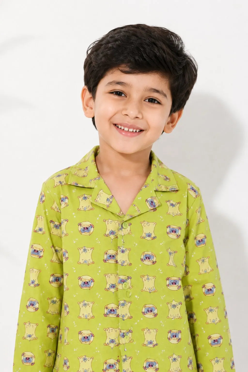 Kids Olive Green & Beige Pug Print Night Suit