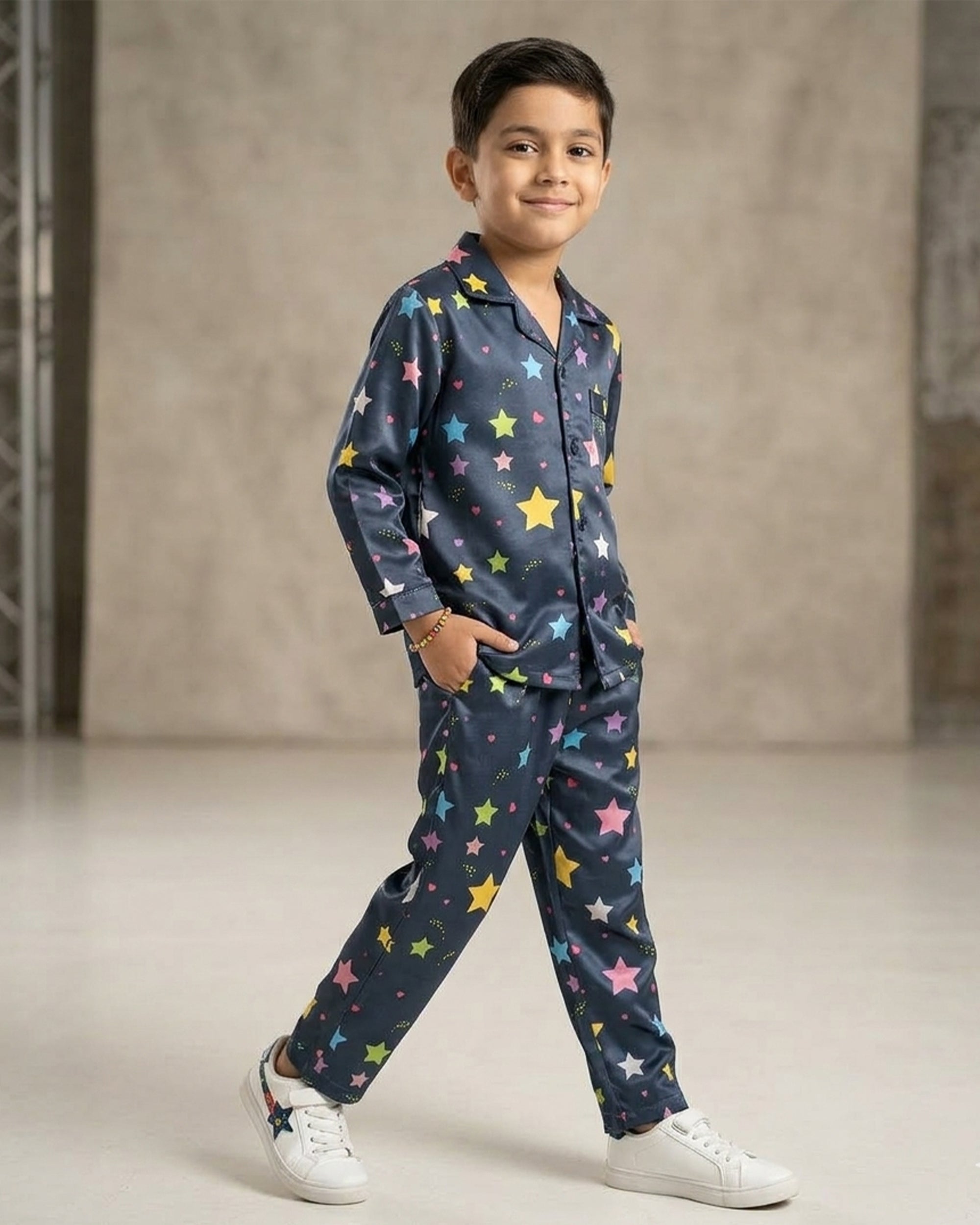 Boys Navy Blue & Multi-Colored Star Print Satin Night Suit