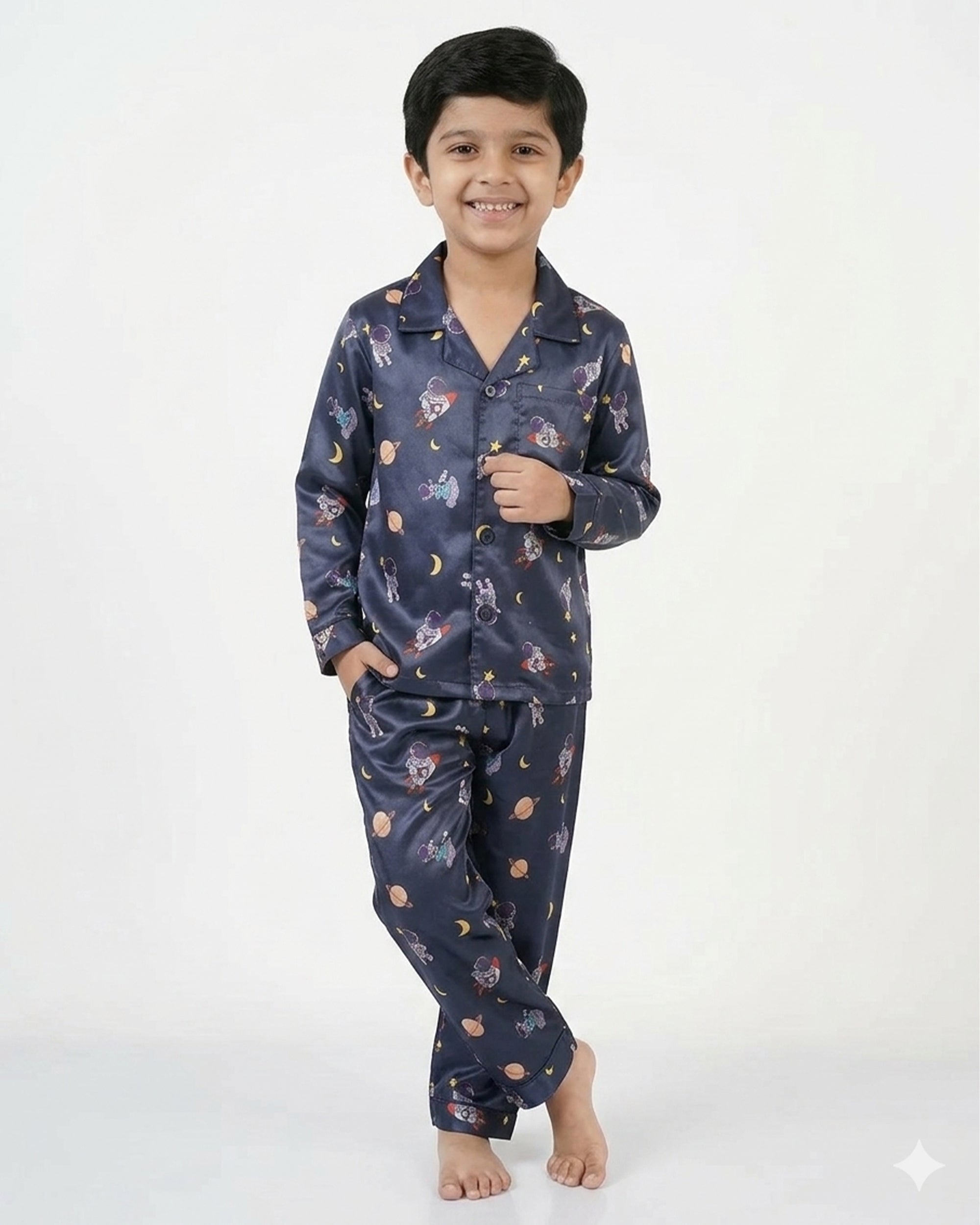 Kids Boys Navy Blue & Multi Satin Space Print Nightsuit Set