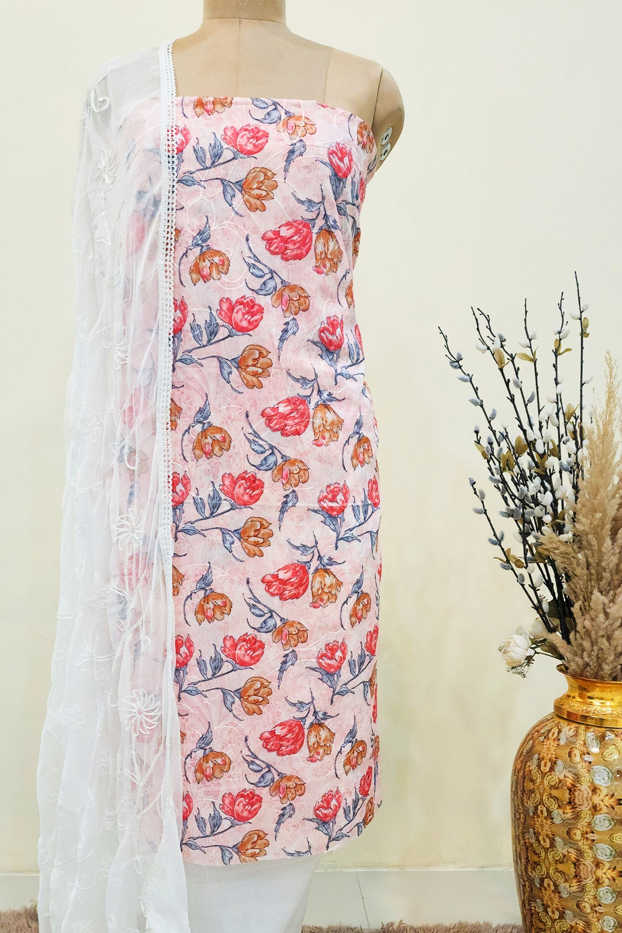 Women's Pure Cotton Peach Pink Floral Print Unstitched Salwar Suit Set