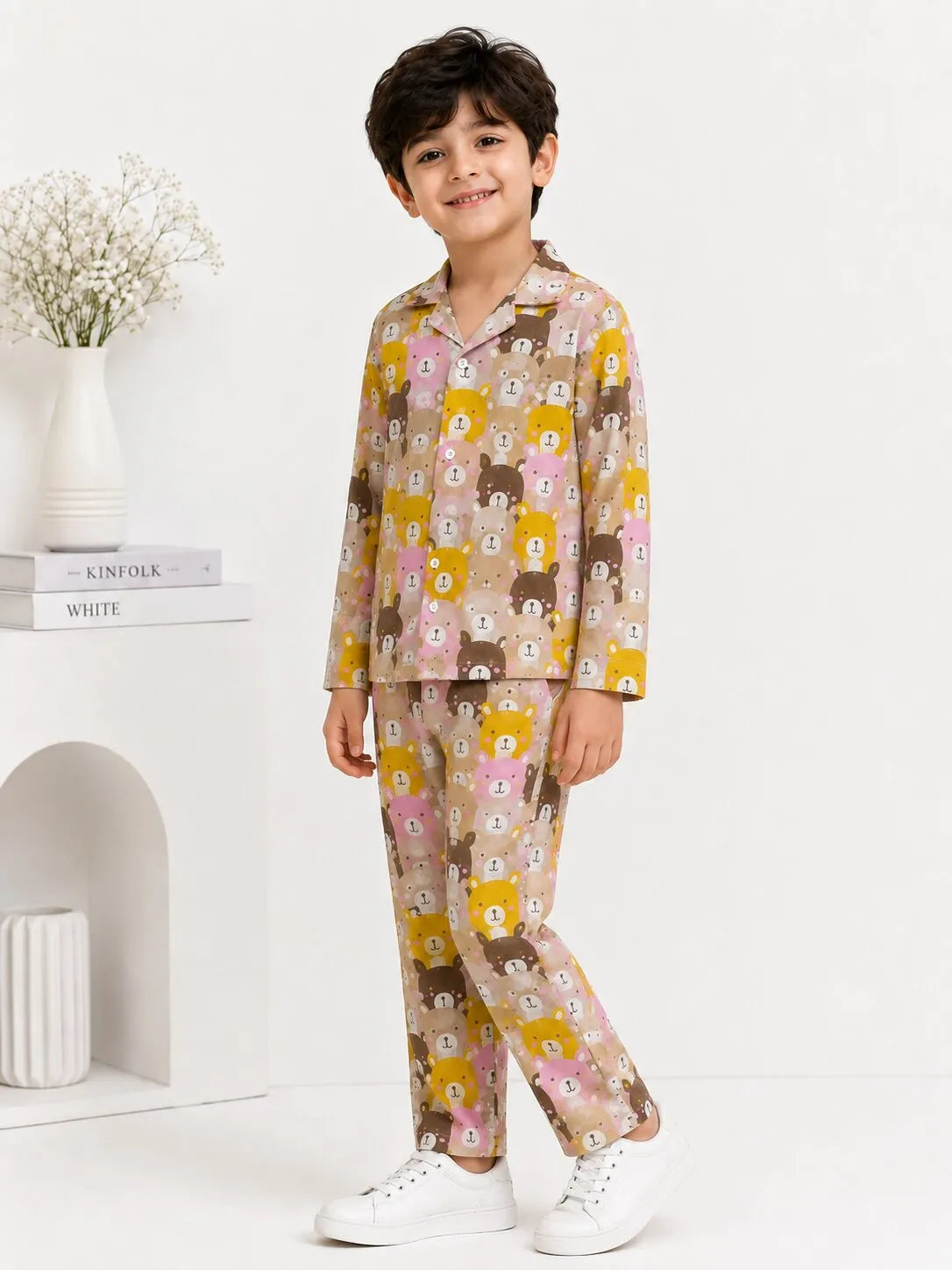 Kids Boys Full Sleeve Collared Pure Cotton Night Suit