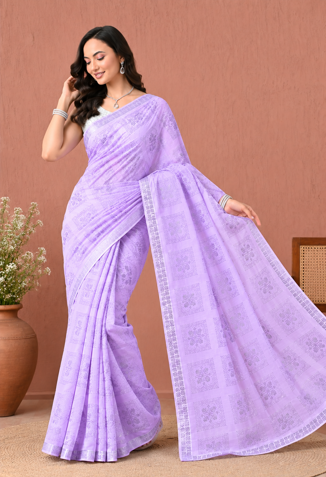 Elegant Lavender Georgette Saree with Intricate Woven Pattern and Matching Border
