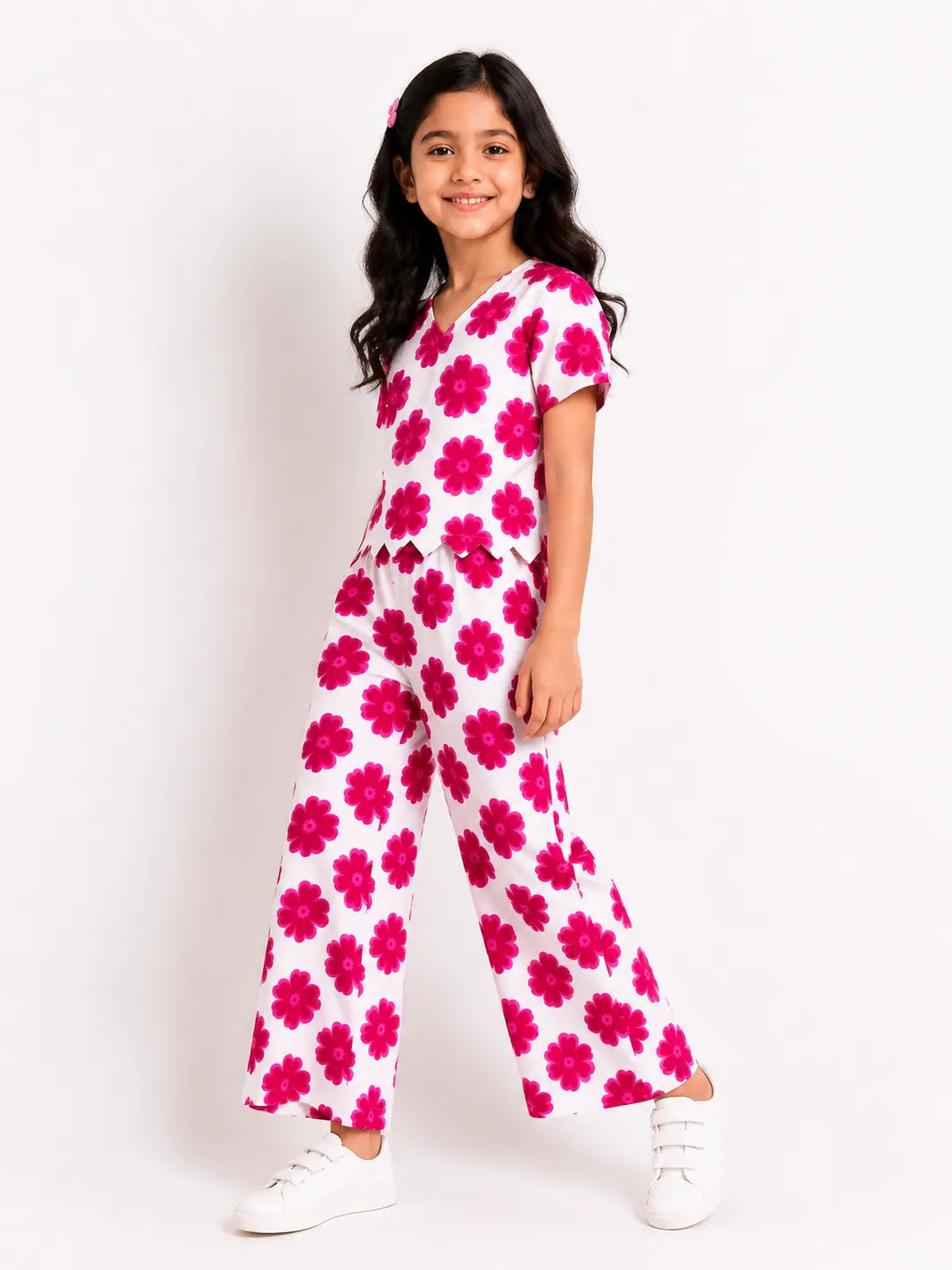 Girls Pink Floral Print Co-ord Set Scallop Hem V-Neck Top & Wide-Leg Trousers