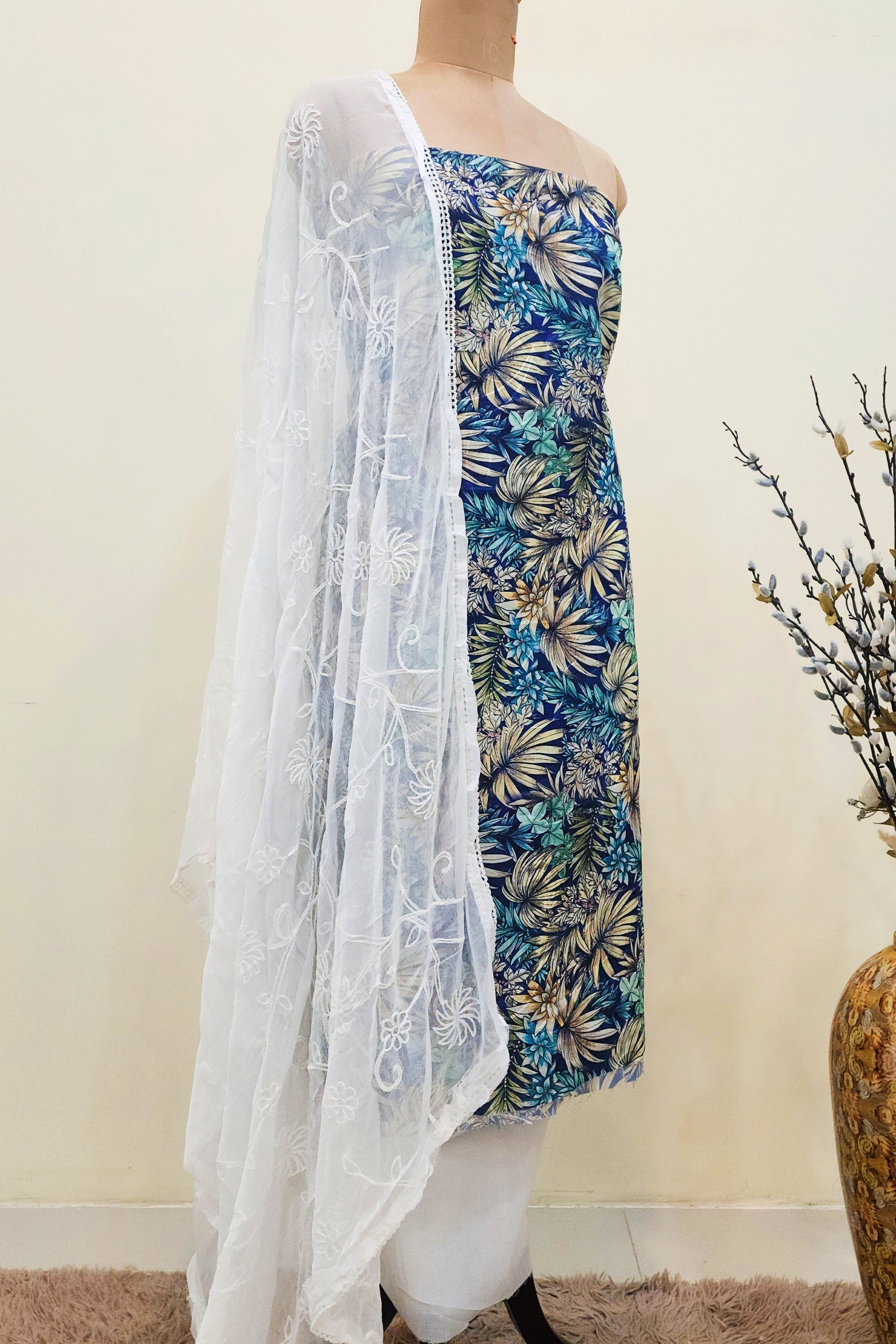 Women's Blue & Cream Floral Printed Unstitched Salwar Suit Set
