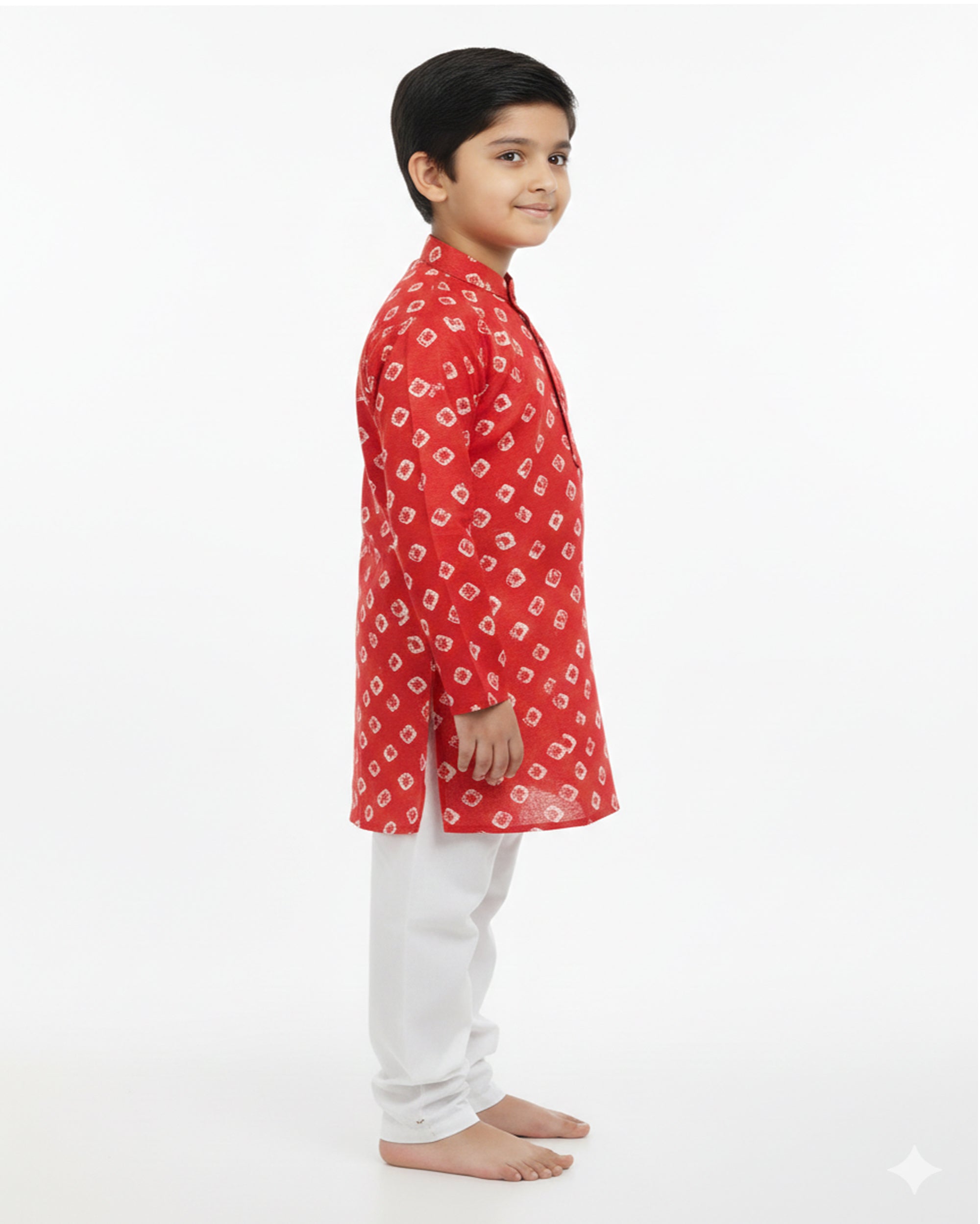 Boys Red & White Bandhani Printed Pure Cotton Kurta with Pyjamas