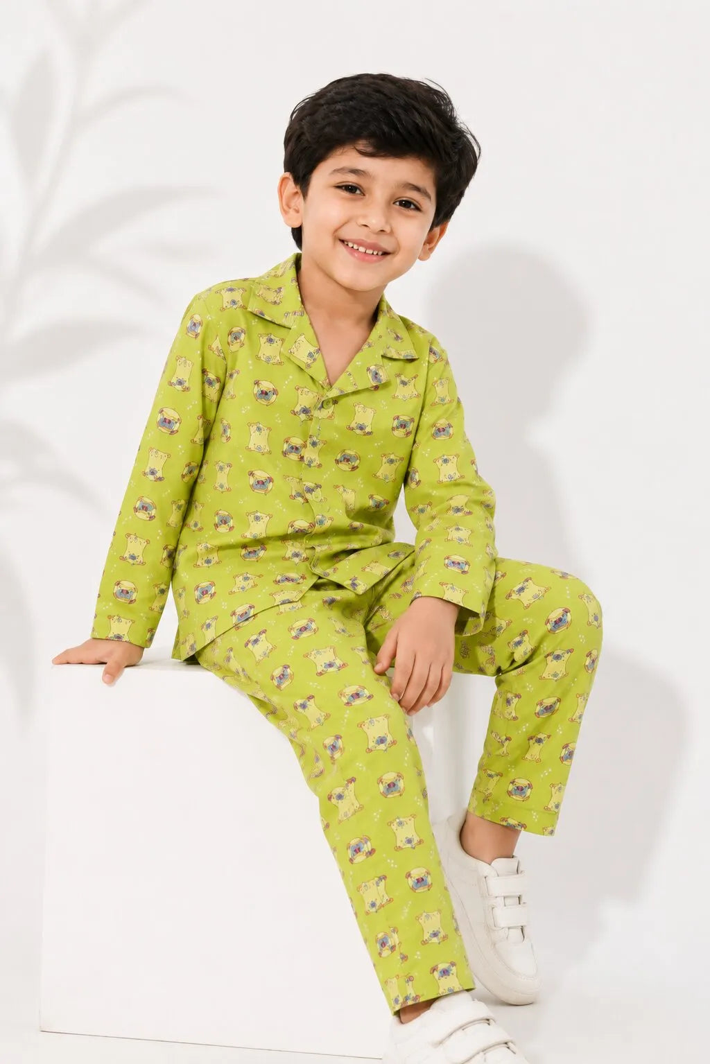 Kids Olive Green & Beige Pug Print Night Suit