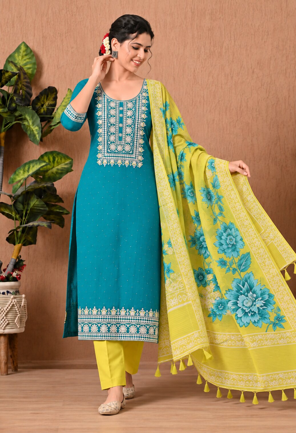 Teal Blue Chanderi Silk Embroidered Suit Set with Yellow Floral Dupatta