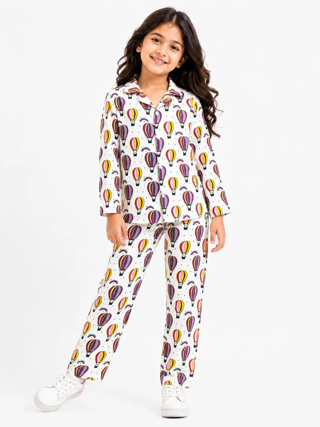 Kids Girls Full Sleeve Collared Pure Cotton Night Suit