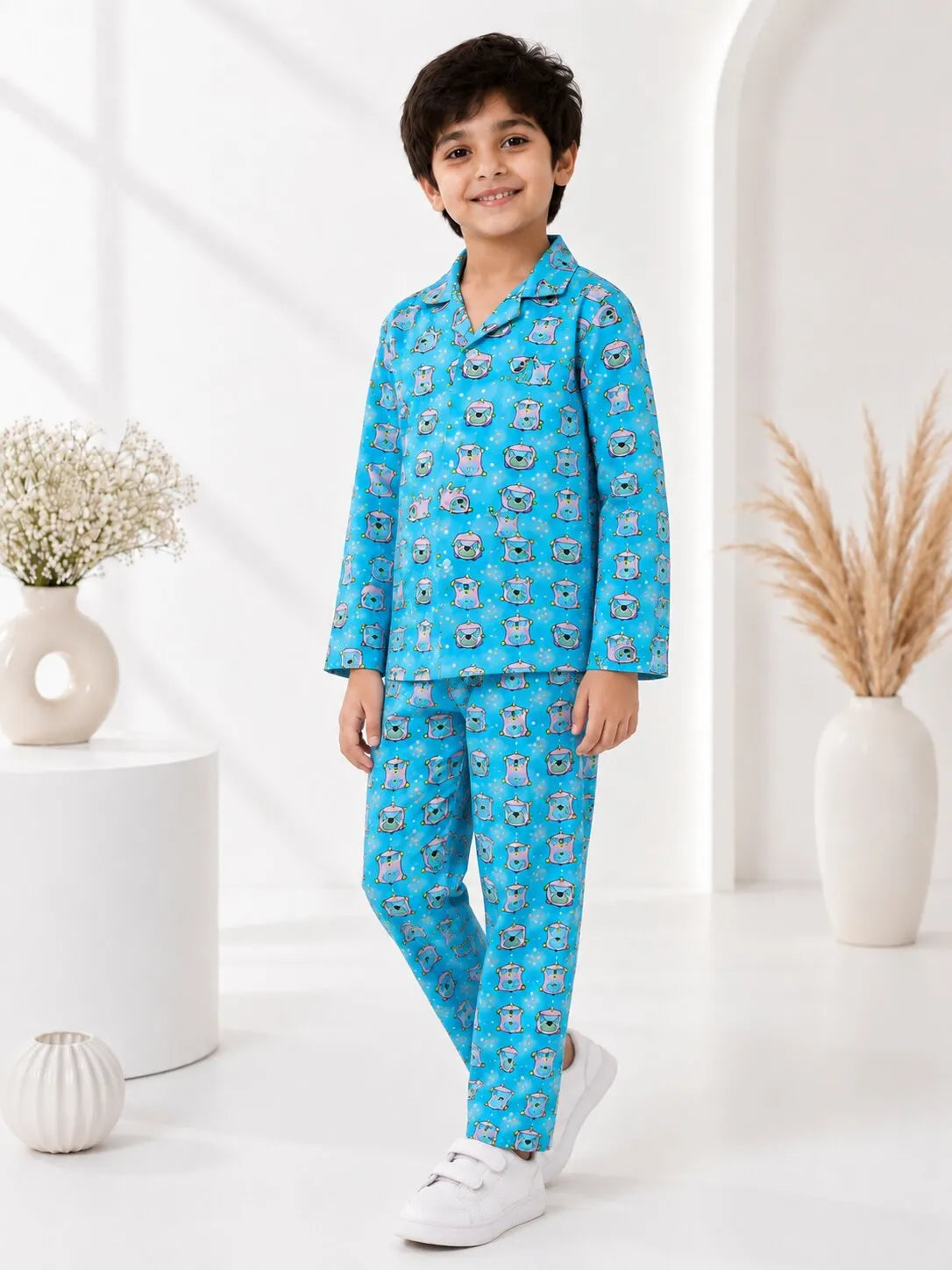 Boys Light Blue & Pink Pug Printed Pure Cotton Night Suit