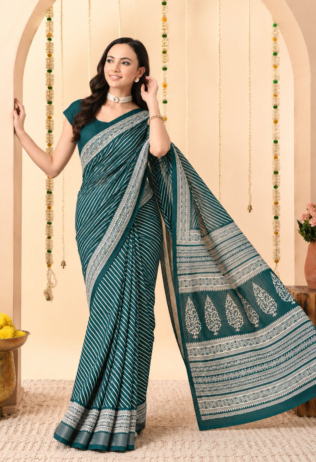 Teal Blue & Ivory Striped Printed Saree with Traditional Designer Pallu