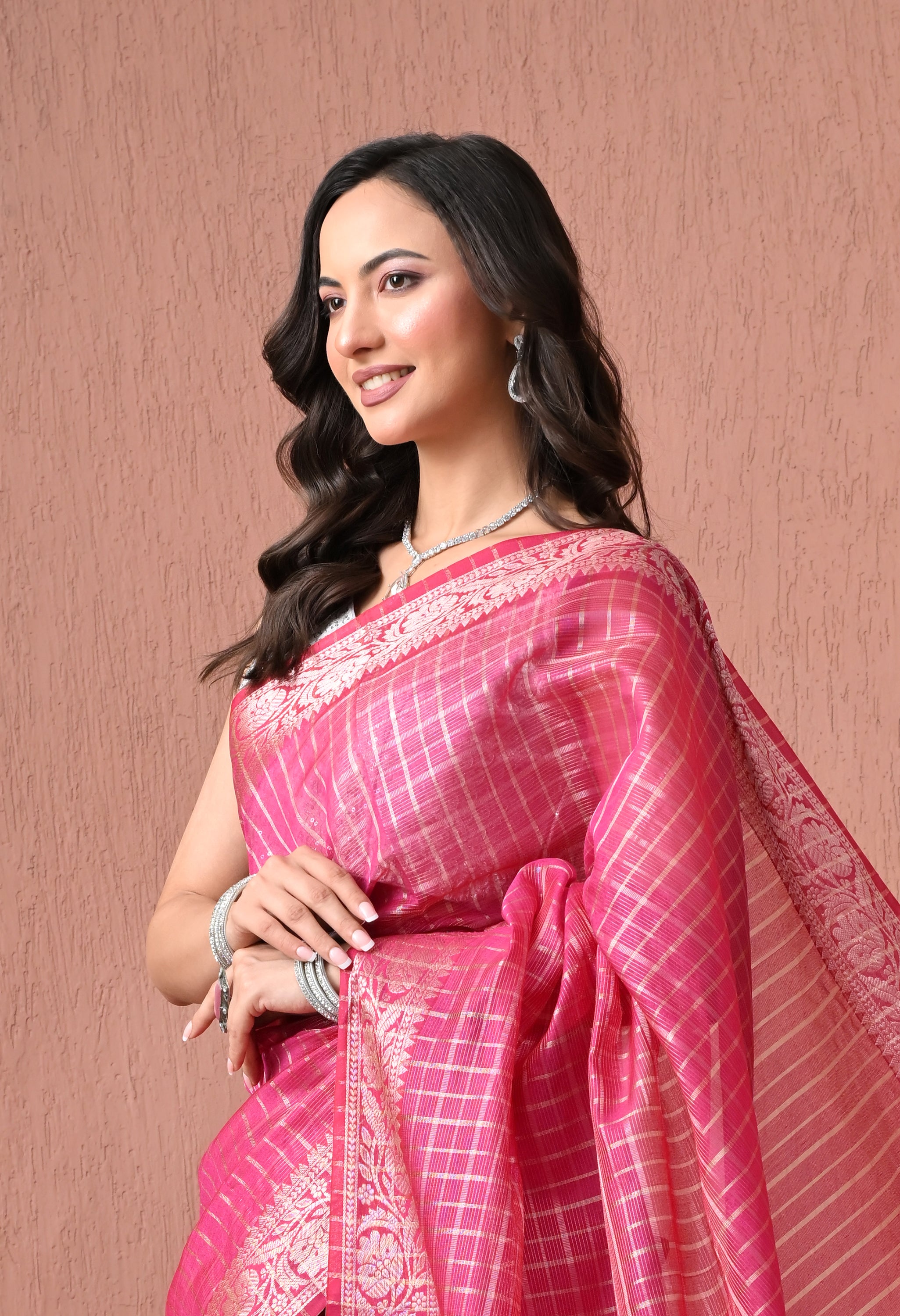 Rani Pink Cotton Saree with Silver Zari Checks and Traditional Border