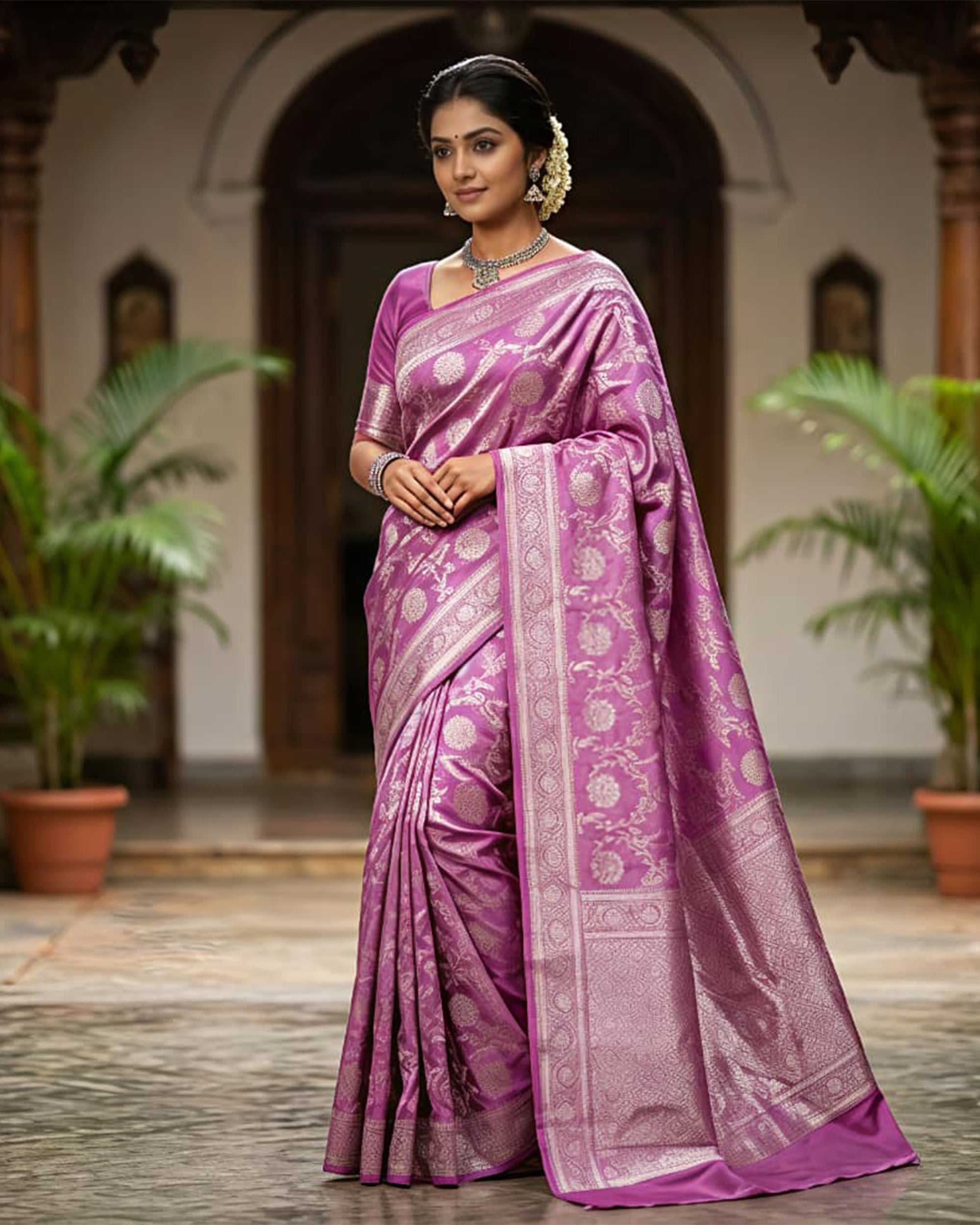 Mauve & Silver-Toned Silk Blend Woven Design Banarasi Saree