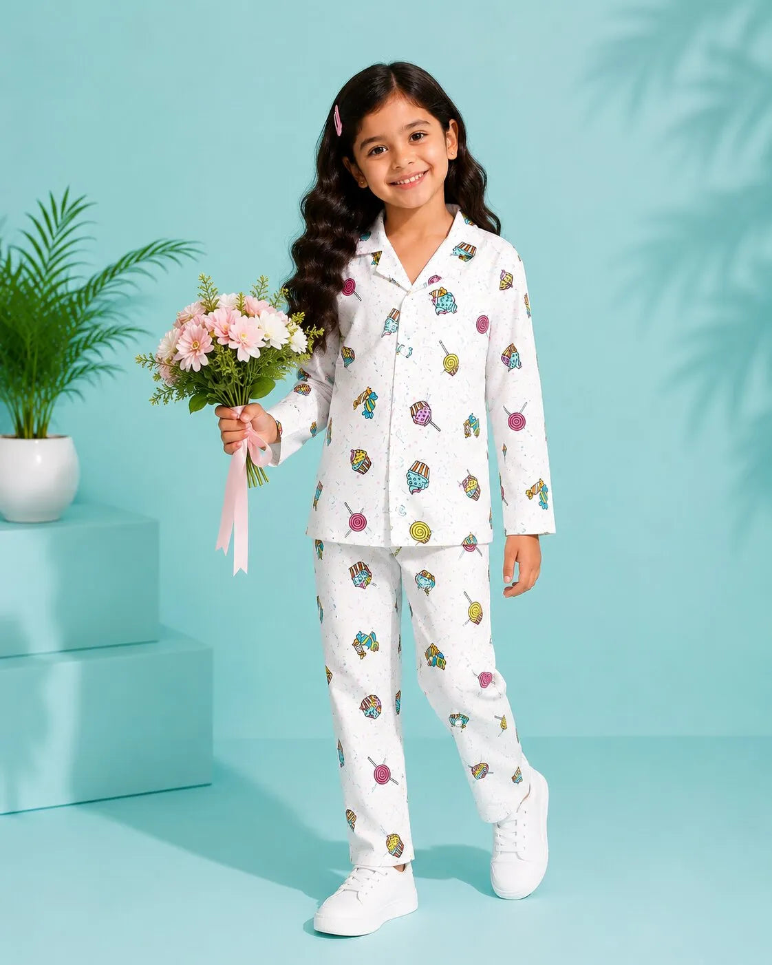 Kids White & Multi-Coloured Printed Satin Night Suit
