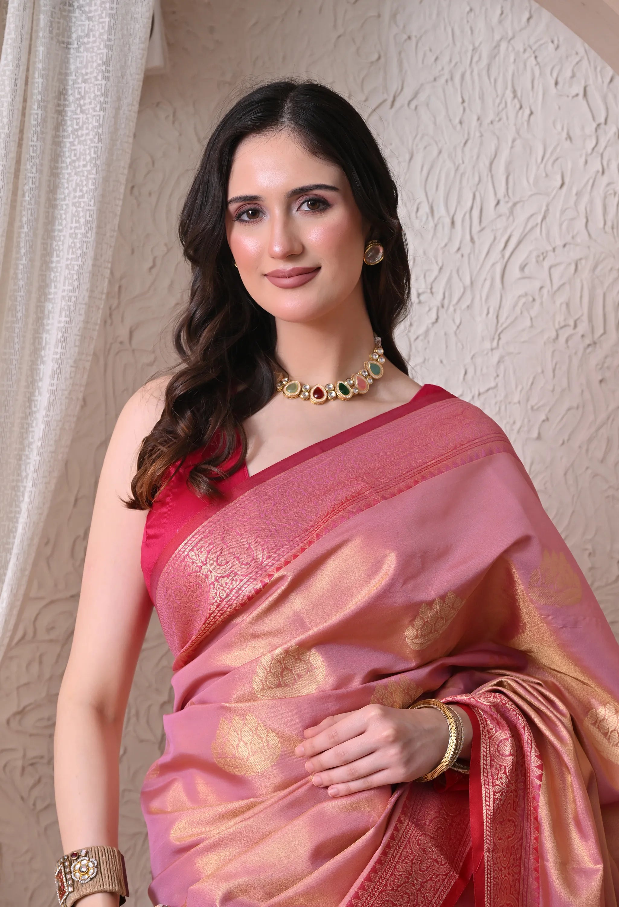 Enchanting Pink Silk Blend Saree with Golden Zari Motifs and Rich Pallu