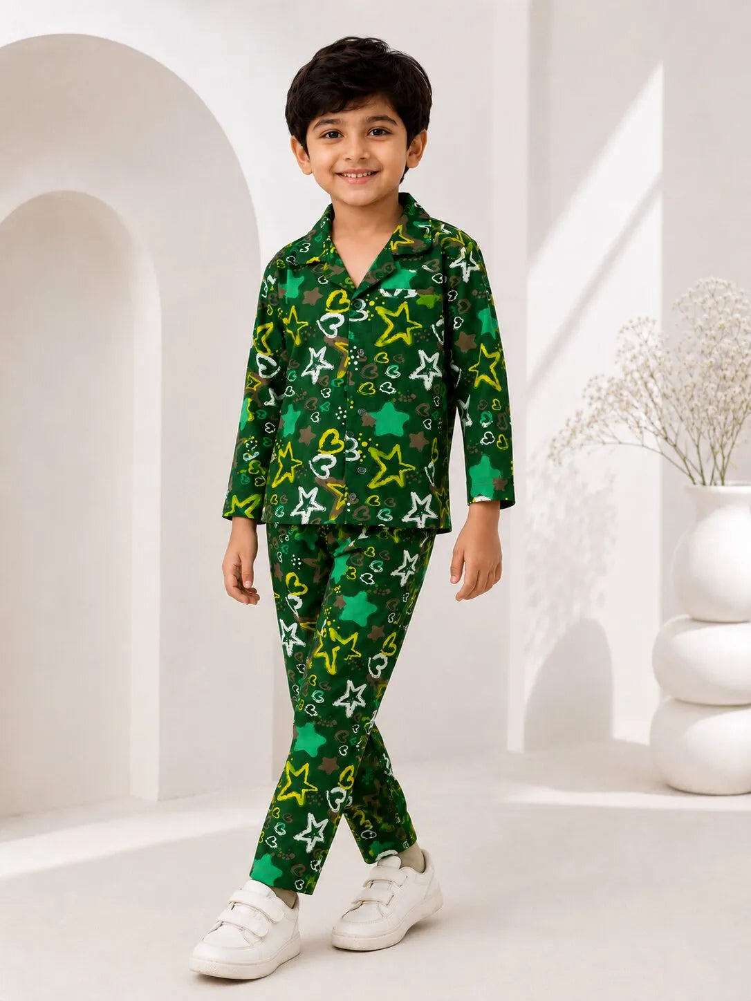Boys Olive Green & Yellow Star Printed Pure Cotton Night Suit