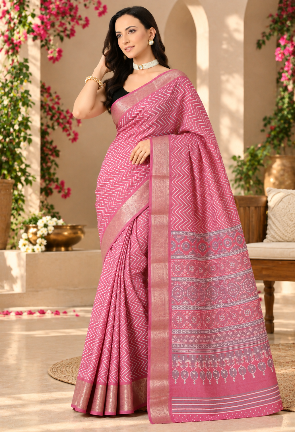 Elegant Pink Printed Saree with Intricate Patterned Pallu