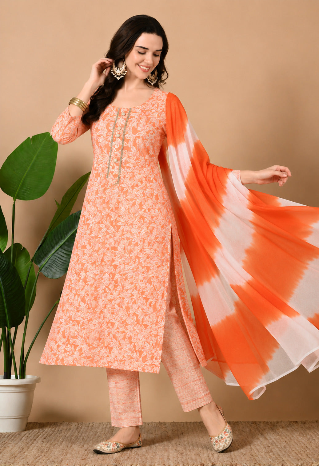 Women’s Orange and White Floral Printed Cotton Suit Set with Dupatta