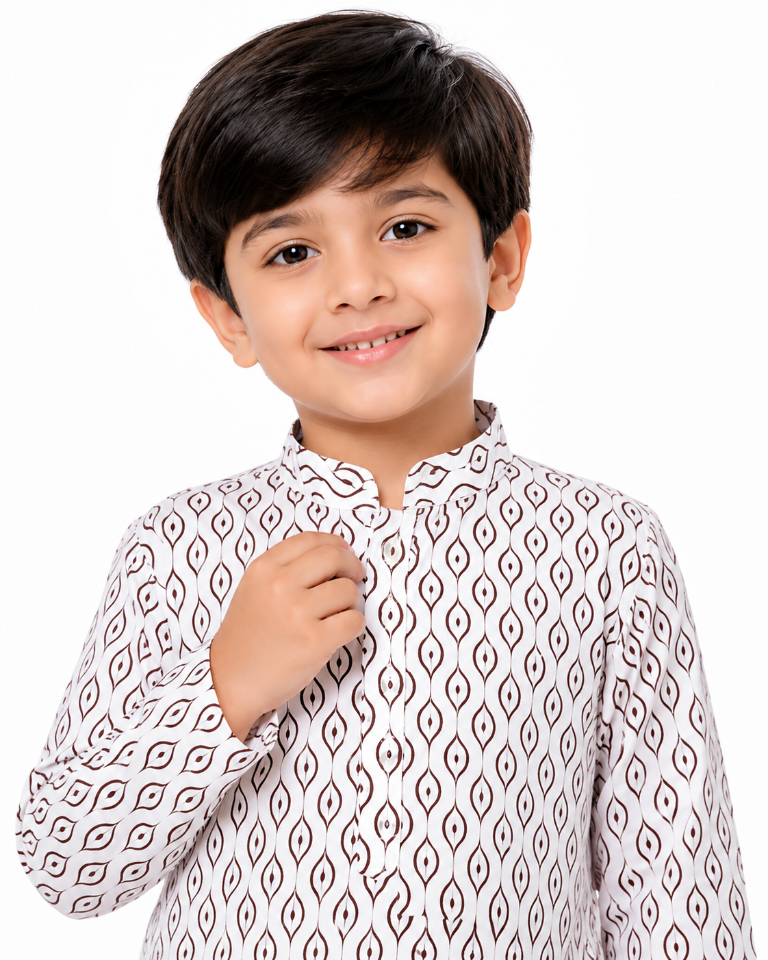 Boys Off-White Geometric Leaf Print Cotton Kurta with Pyjama Set