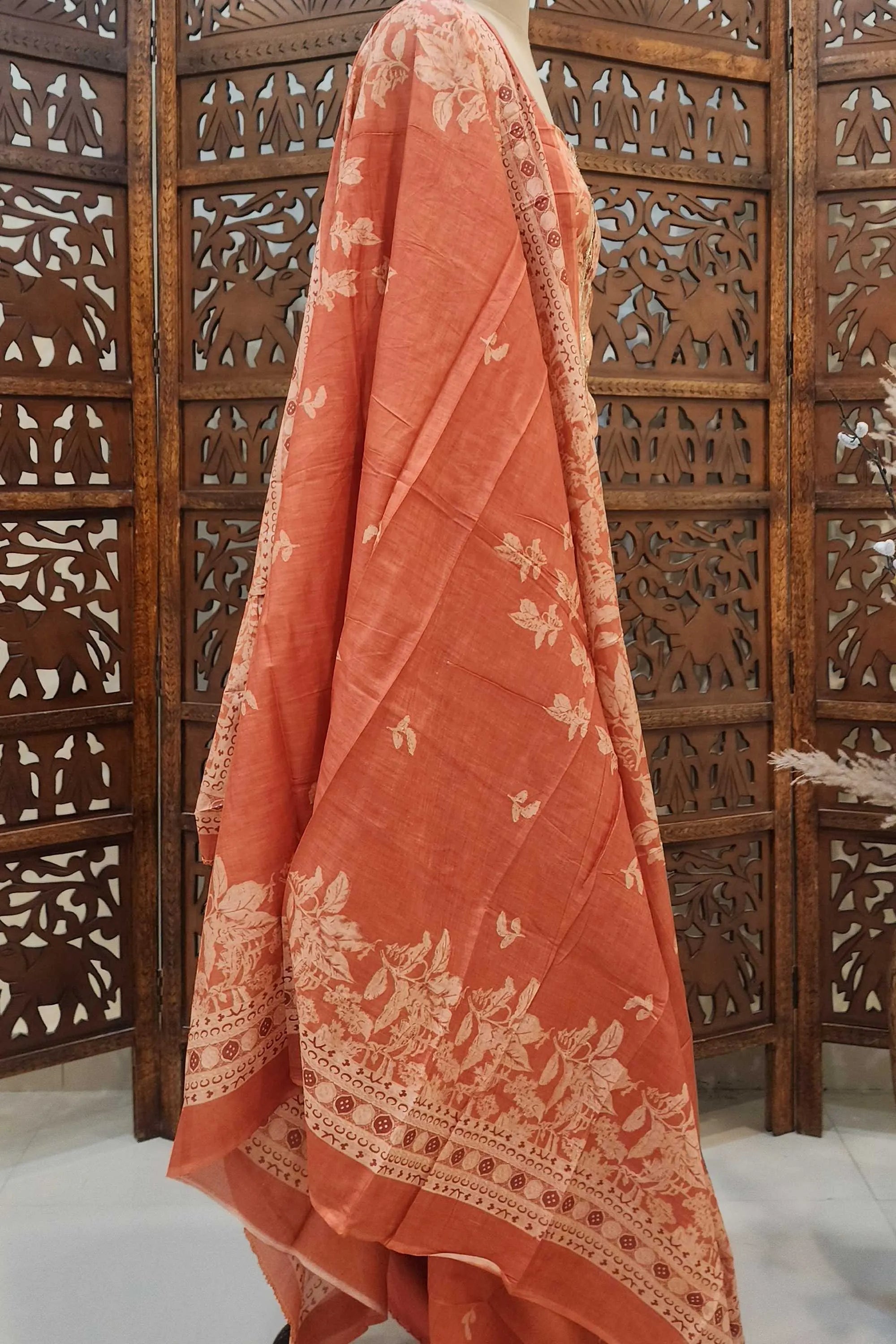 Peach & Off-White Floral Print Pure Cotton Unstitched Dress Material