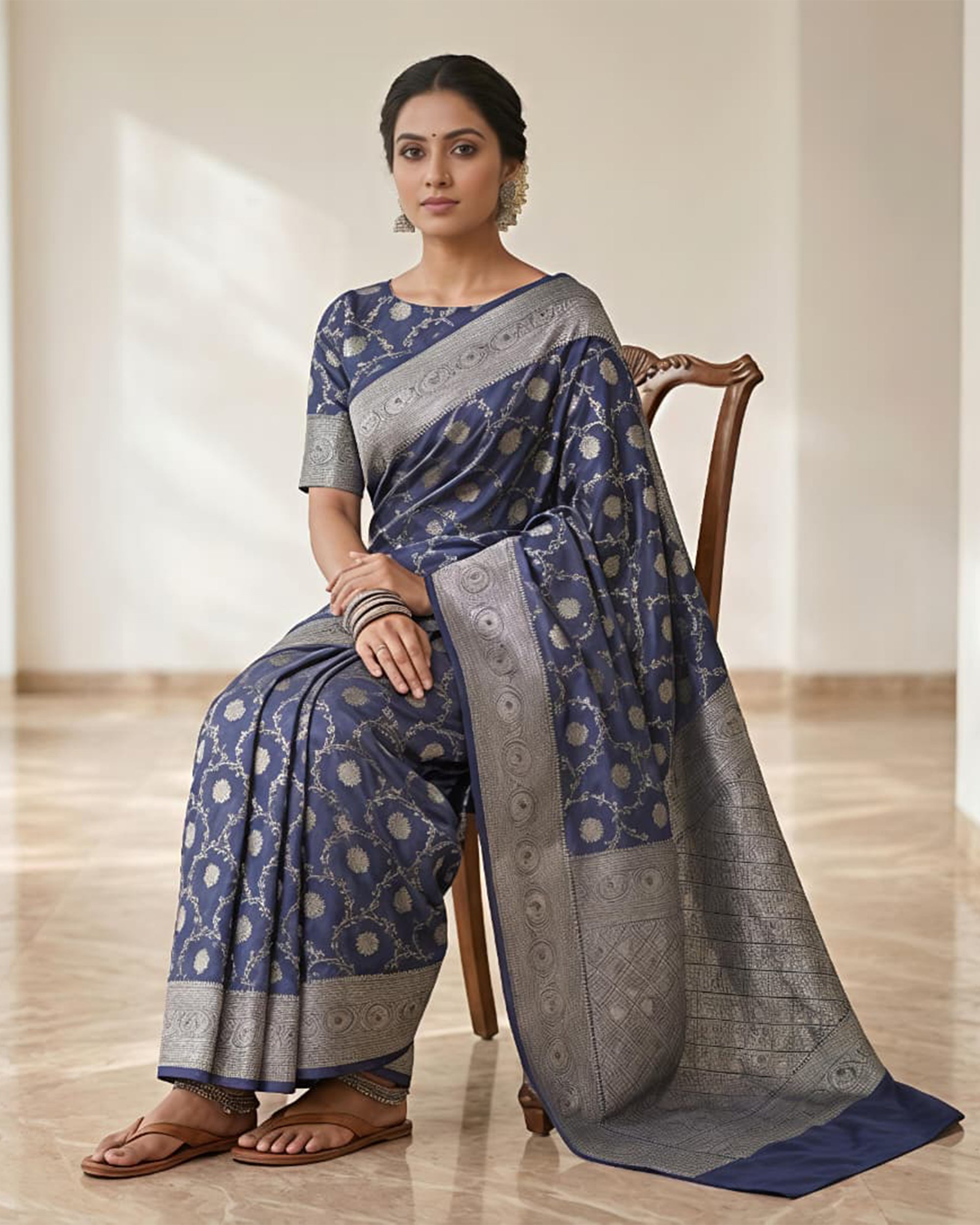 Navy Blue & Silver-Toned Silk Blend Woven Design Banarasi Saree