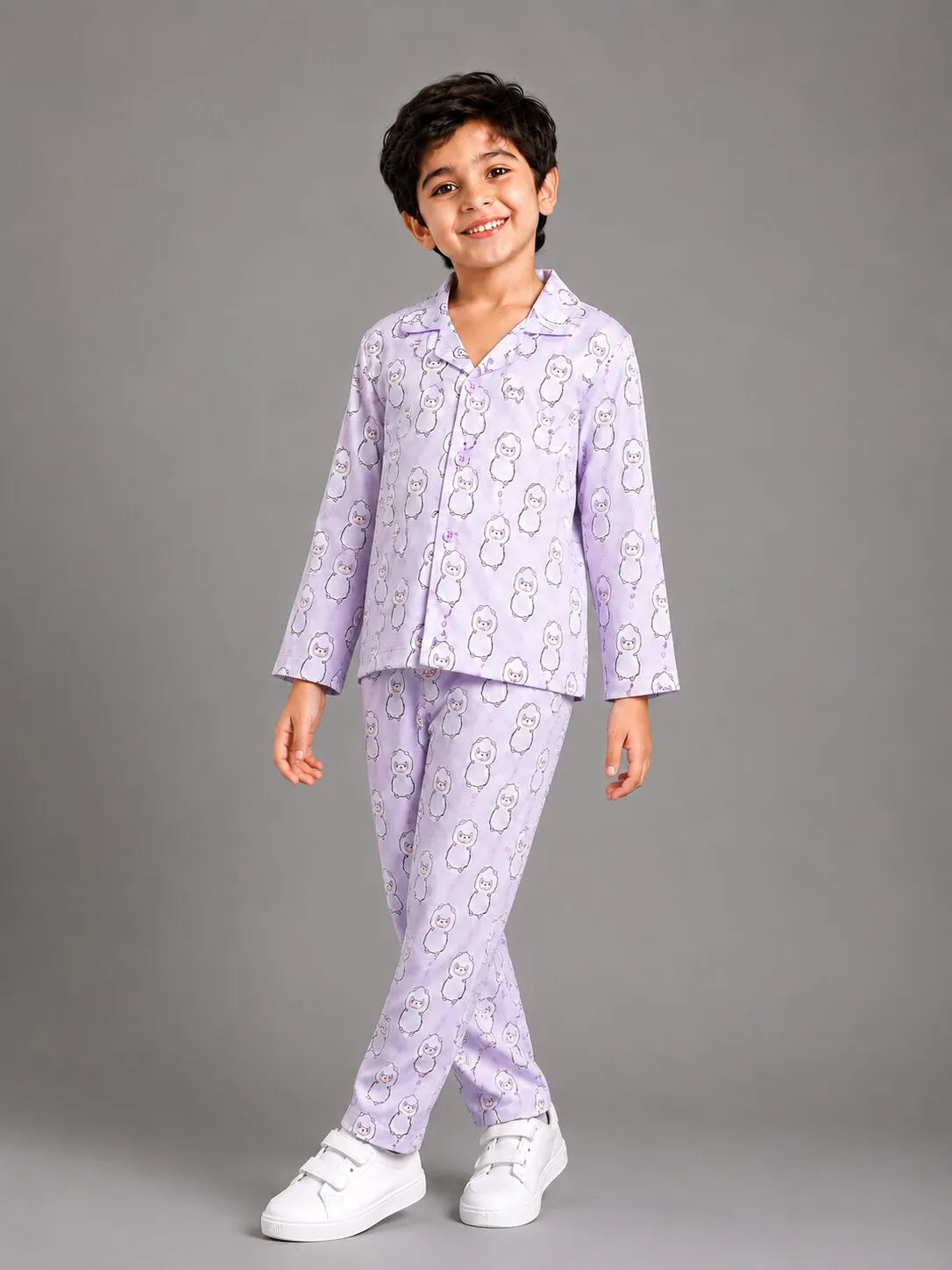 Boys Pink & White Cartoon Print Satin Night Suit Set