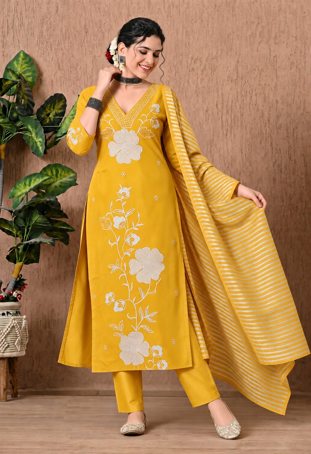 Mustard Yellow Chanderi Silk Floral Embroidered Suit Set with Organza Dupatta