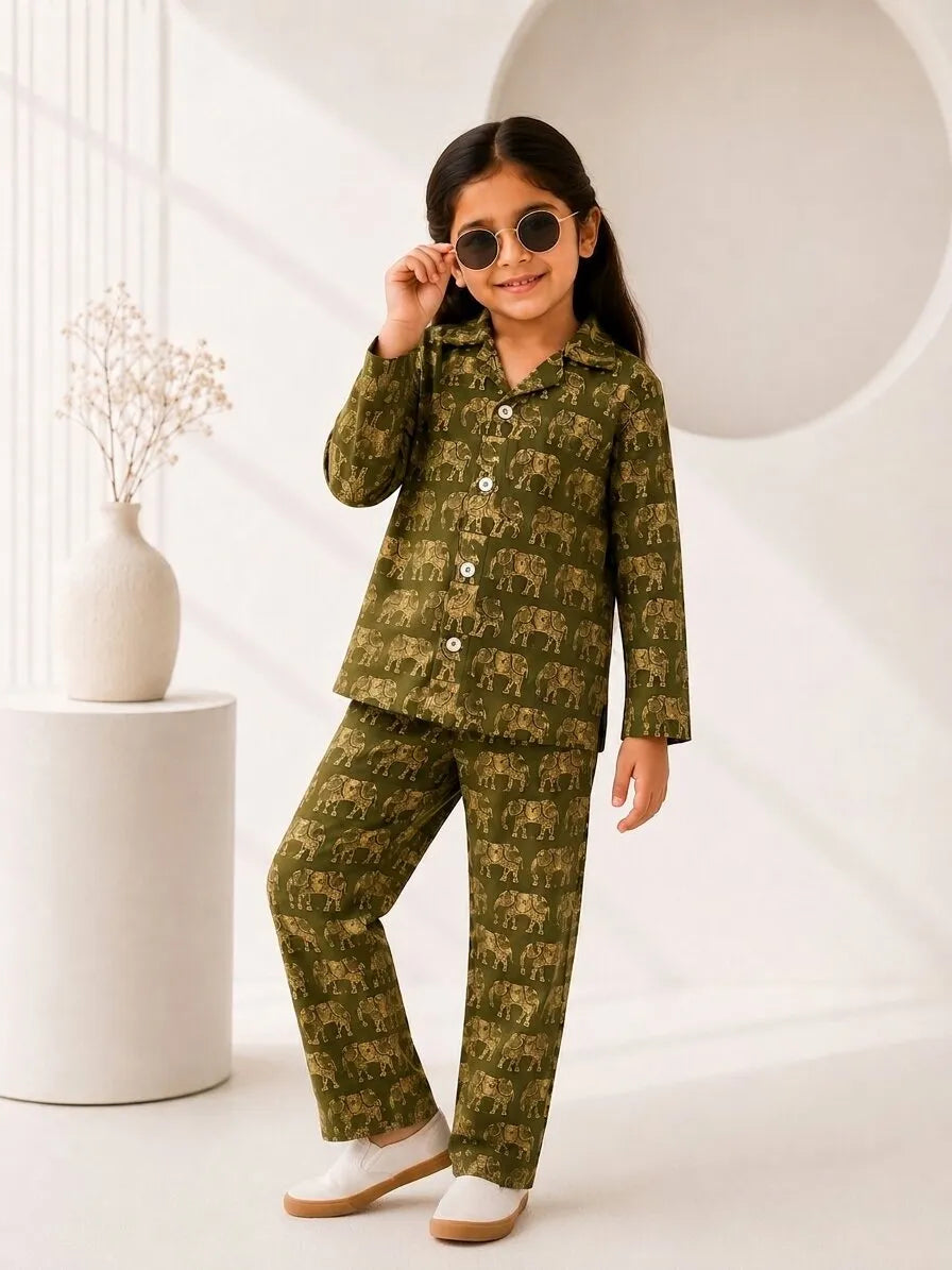 Kids Olive Green & Beige Elephant Print Cotton Lounge Set