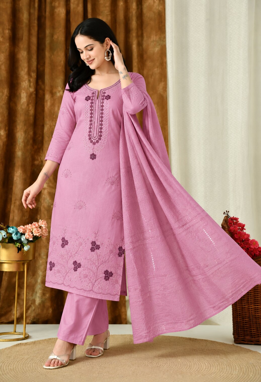 Dusty Pink Chanderi Silk Embroidered Anarkali Suit Set with Organza Dupatta