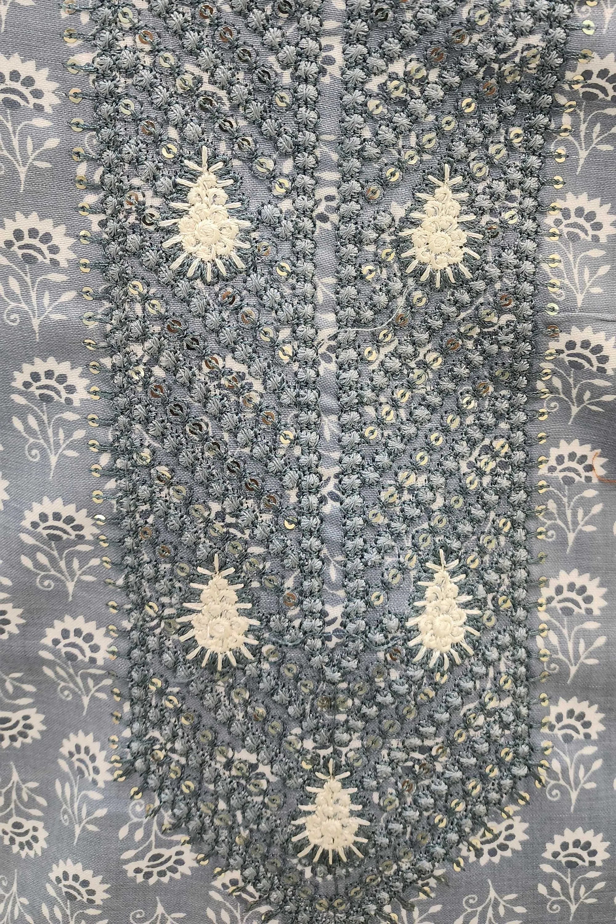 Women Powder Blue & White Floral Printed Unstitched Cotton Dress Material with Embroidered Yoke