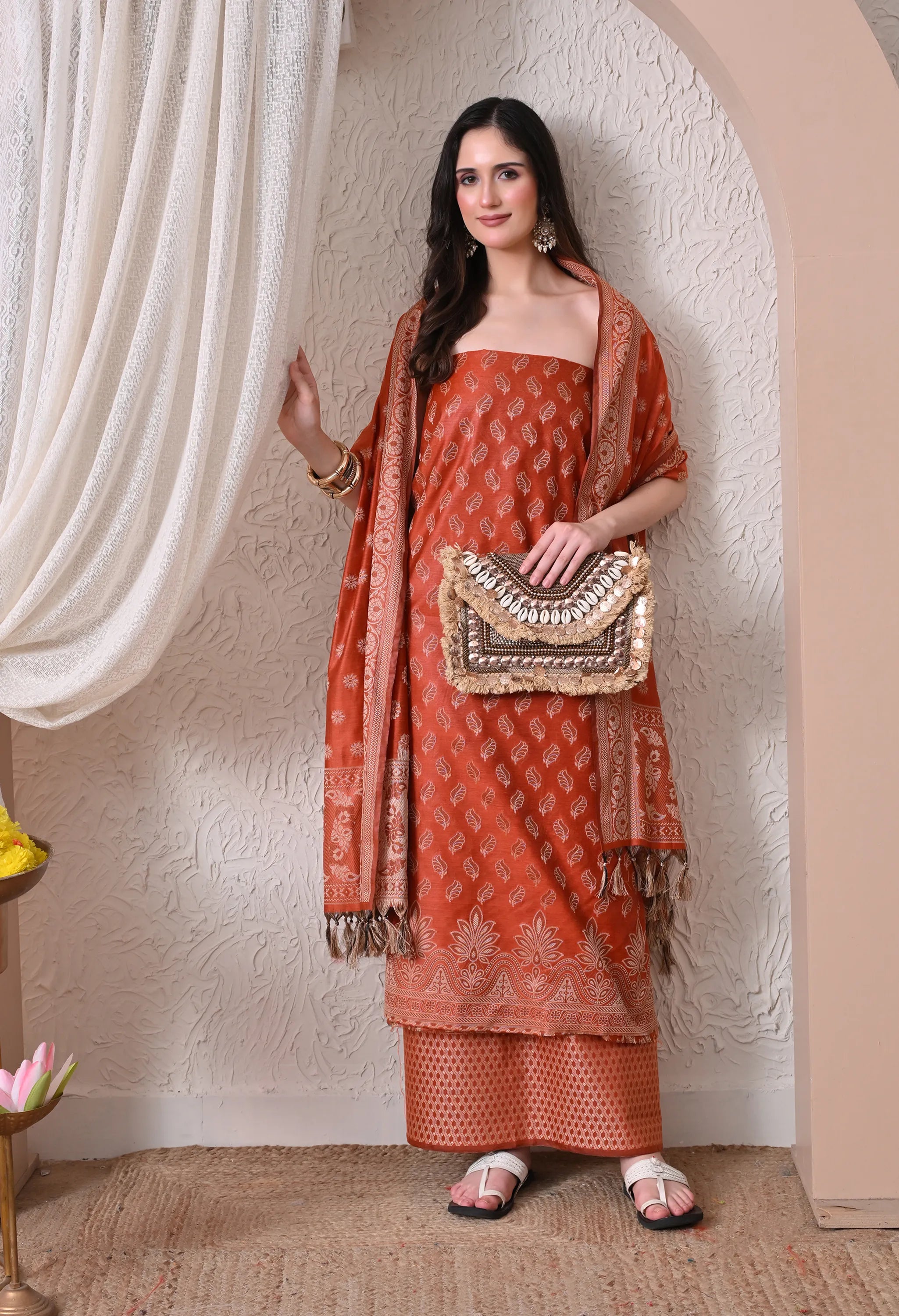 Elegant Rust Orange and Gold Woven Silk Unstitched Salwar Suit Material with Banarasi Style Dupatta