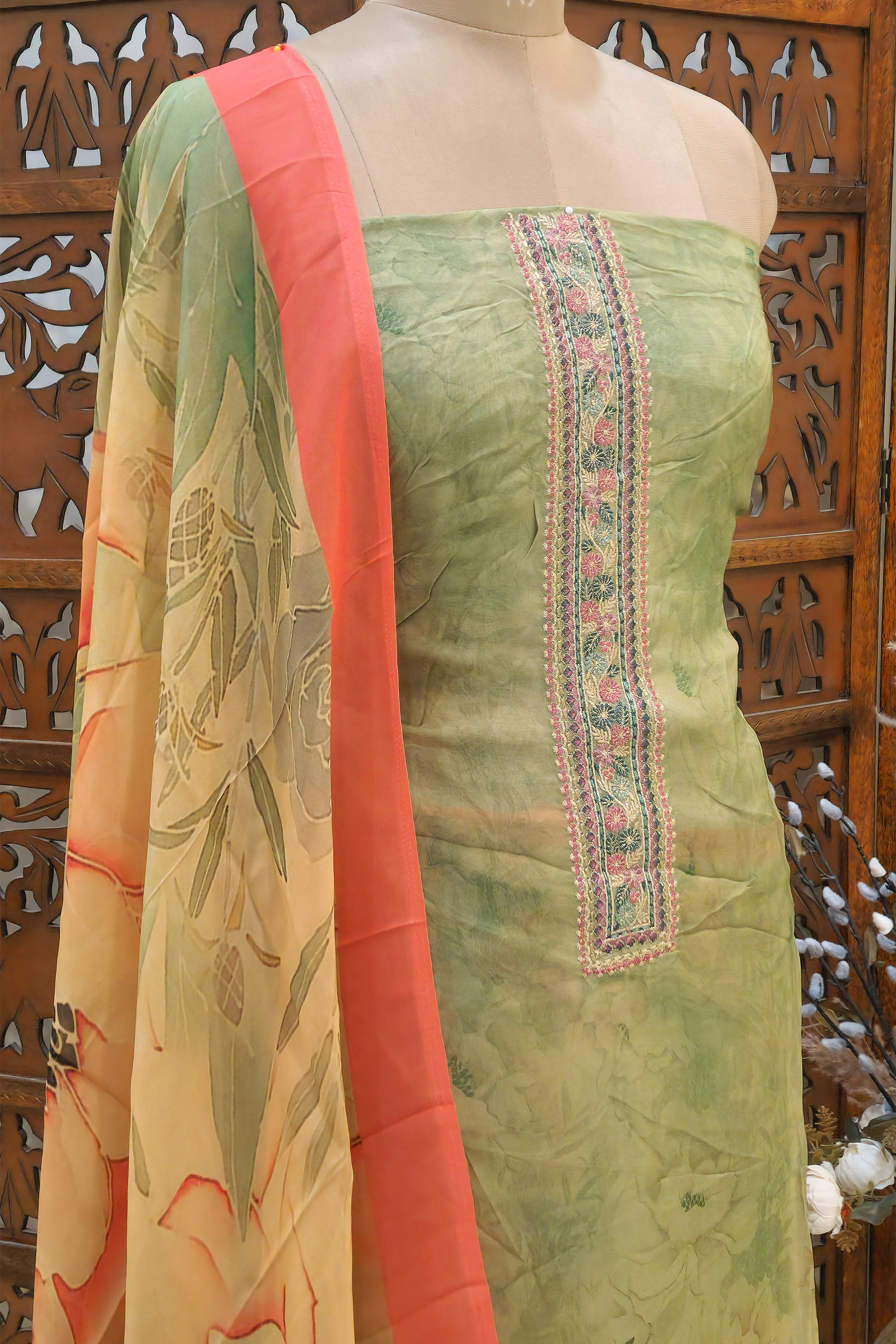 Women Sage Green & Peach Floral Printed  Organza Unstitched Dress Material with Embroidered Neckline