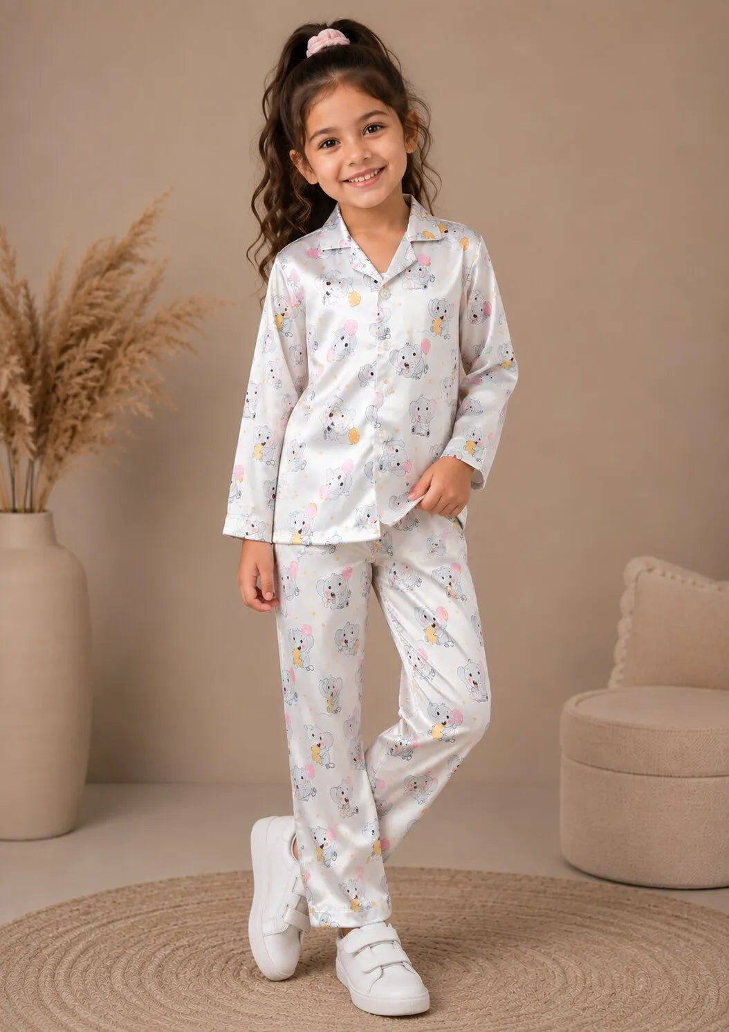 Girls Satin Elephant & Balloon Print Night Suit
