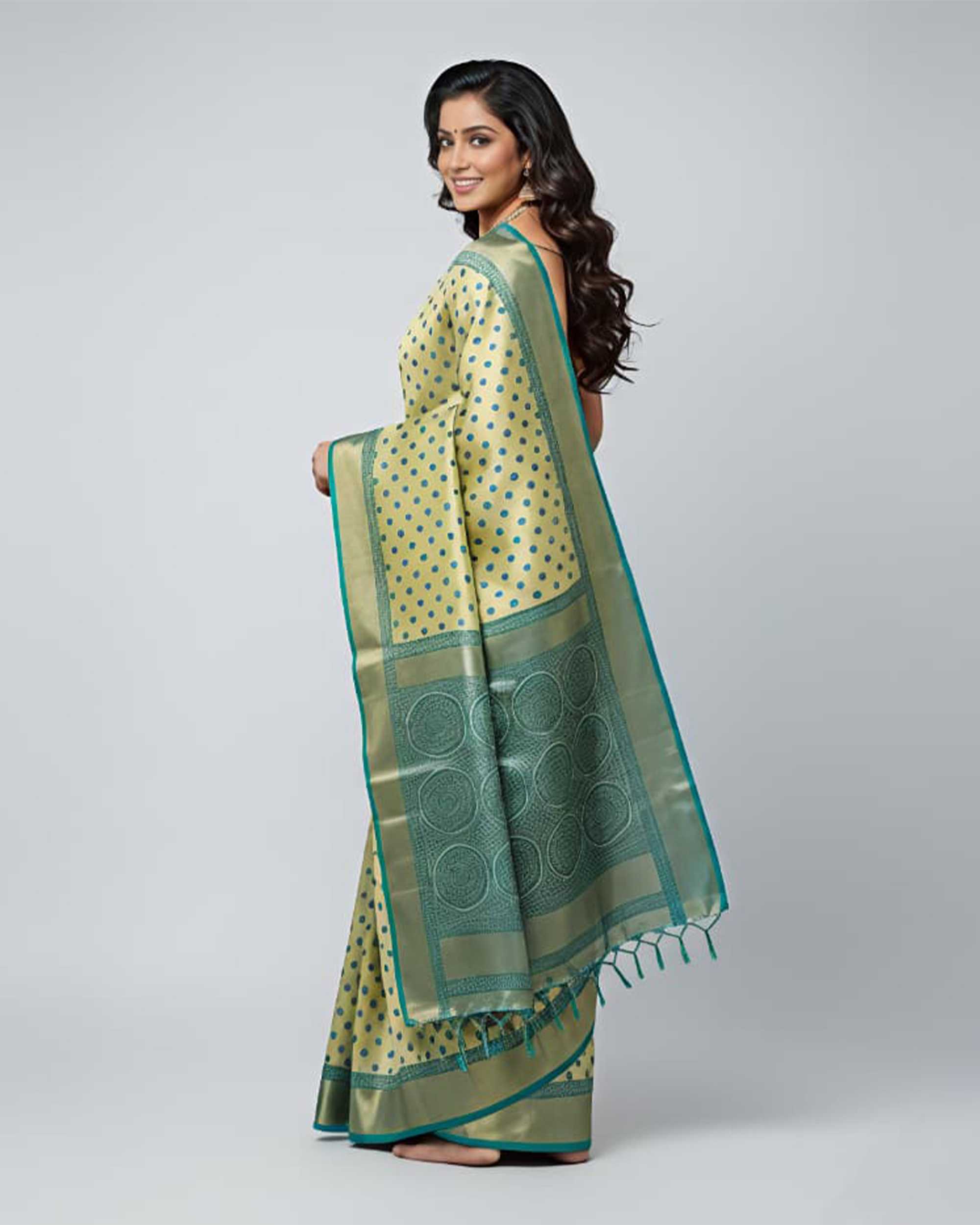 Women Pista Green & Teal Blue Woven Design Zari Kanjeevaram Silk Blend Saree