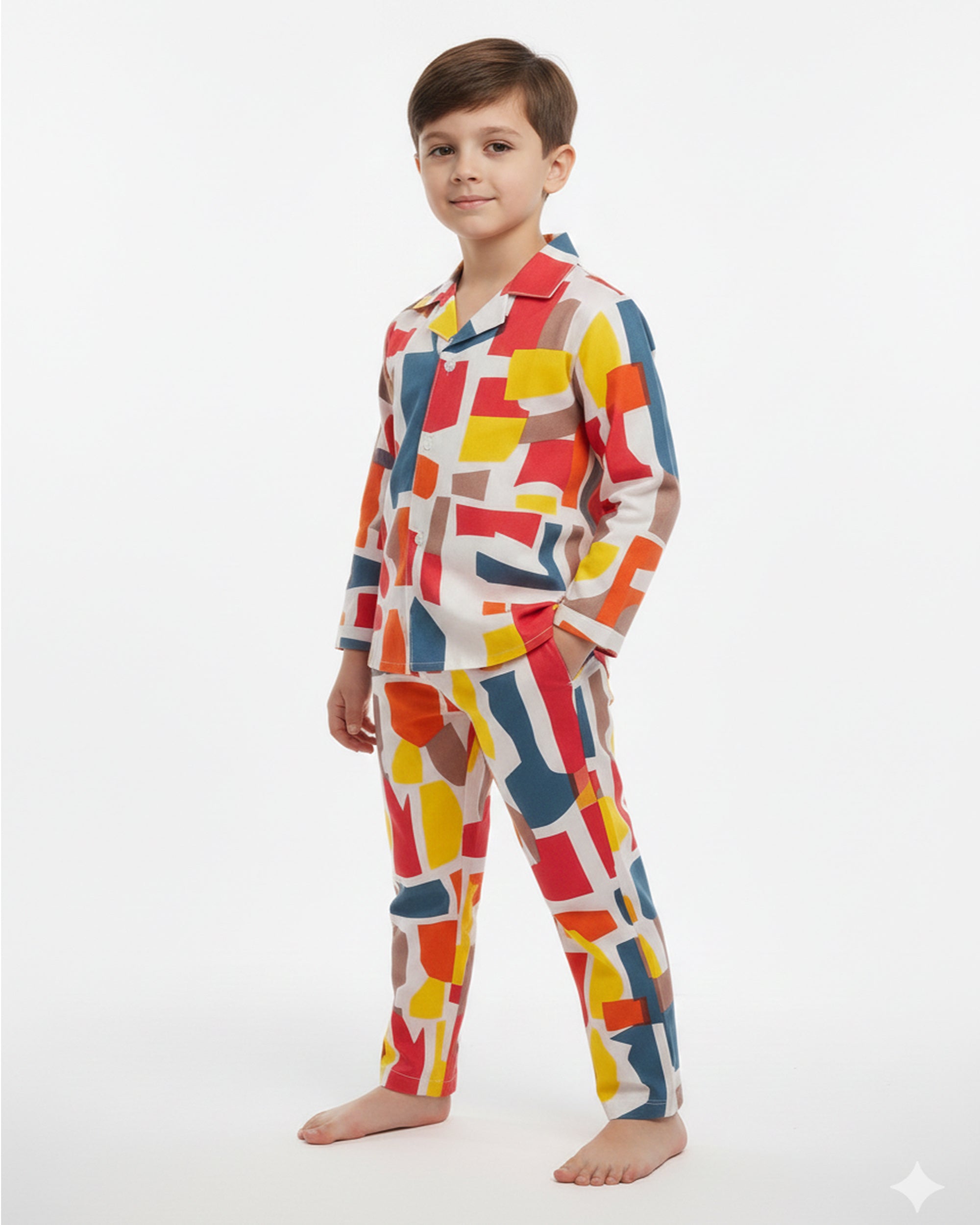 Boys Multi-Colored Abstract Geometric Print Pure Cotton Night Suit