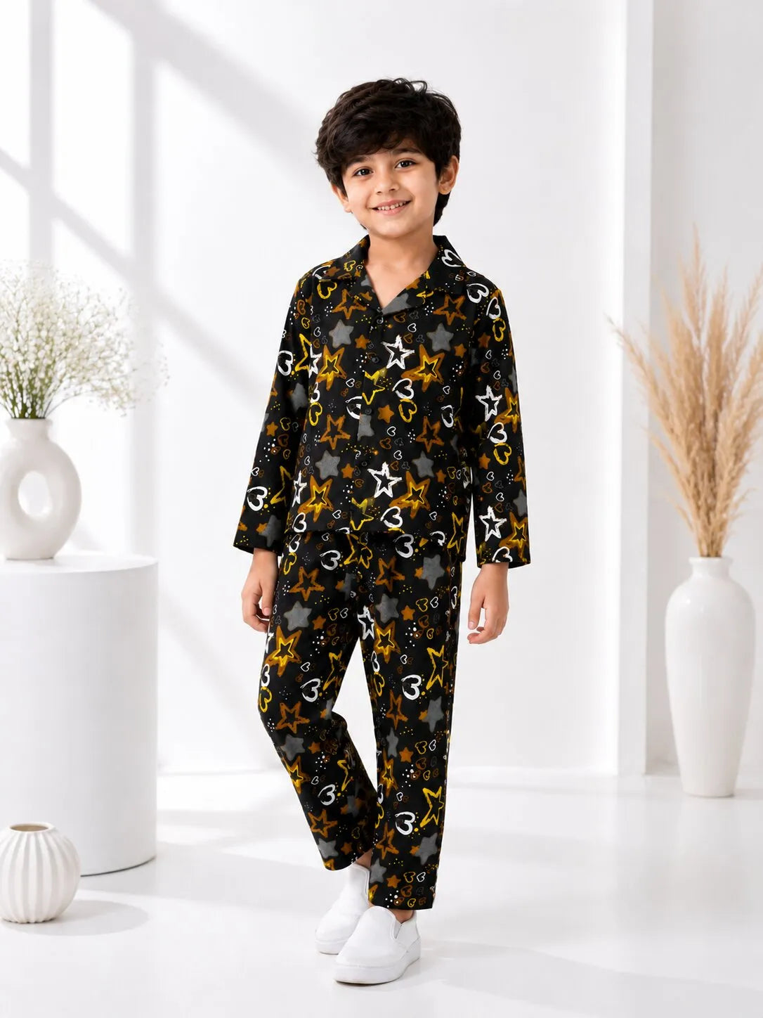 Boys Black & Yellow Star Printed Pure Cotton Night Suit
