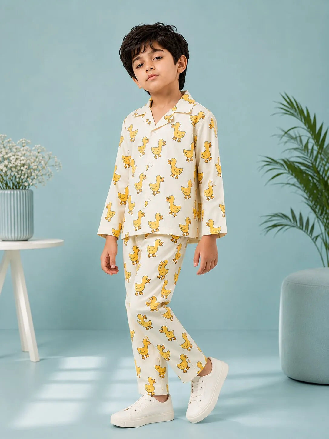 Boys Off-White & Yellow Satin Duck Printed Nightsuit